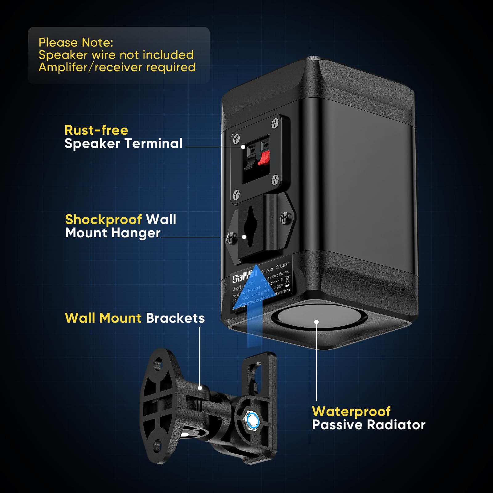 Saiyin Outdoor Indoor Speakers, Marine Grade Mount Speakers, Surround Sound Speakers with Wall Mount Brackets for Boat, Patio, Garage, Home Surround System, One Pair