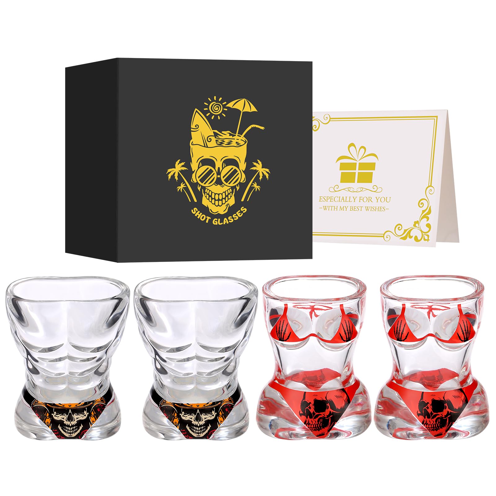 Muscle Man & Bikini Glass Shot Glasses, Personality Skull Design, Set of 4 with Logo Gift Box, 30ml Heavy Base Shot Glass - Image 3