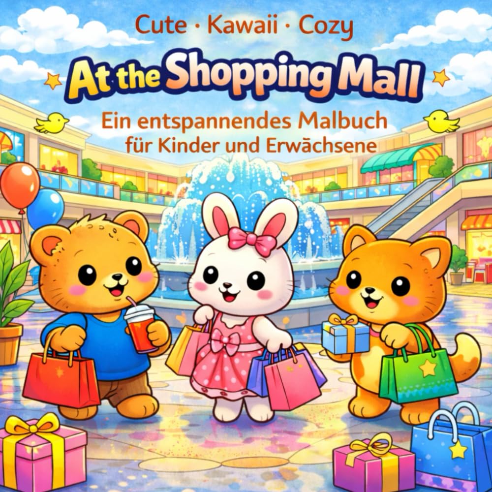 cute kawaii cozy - Shopping Mall – Niedliche Tiere beim Einkaufen: Ein entspannendes Cozy-Malbuch für Kinder und Erwachsene mit süßen Einkaufsszenen, liebevollen Details und viel Raum zum Ausmalen
