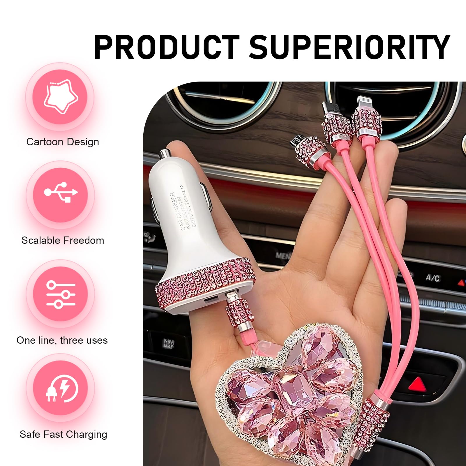 Zosgrew Car Retractable Multi Charging Cable, 3 in 1 Fast Charger Cord, Heart-shaped Diamond-studded Car Charger Cable, Stylish for Women, Compatible with Phone, Tablets (Pink) - 5