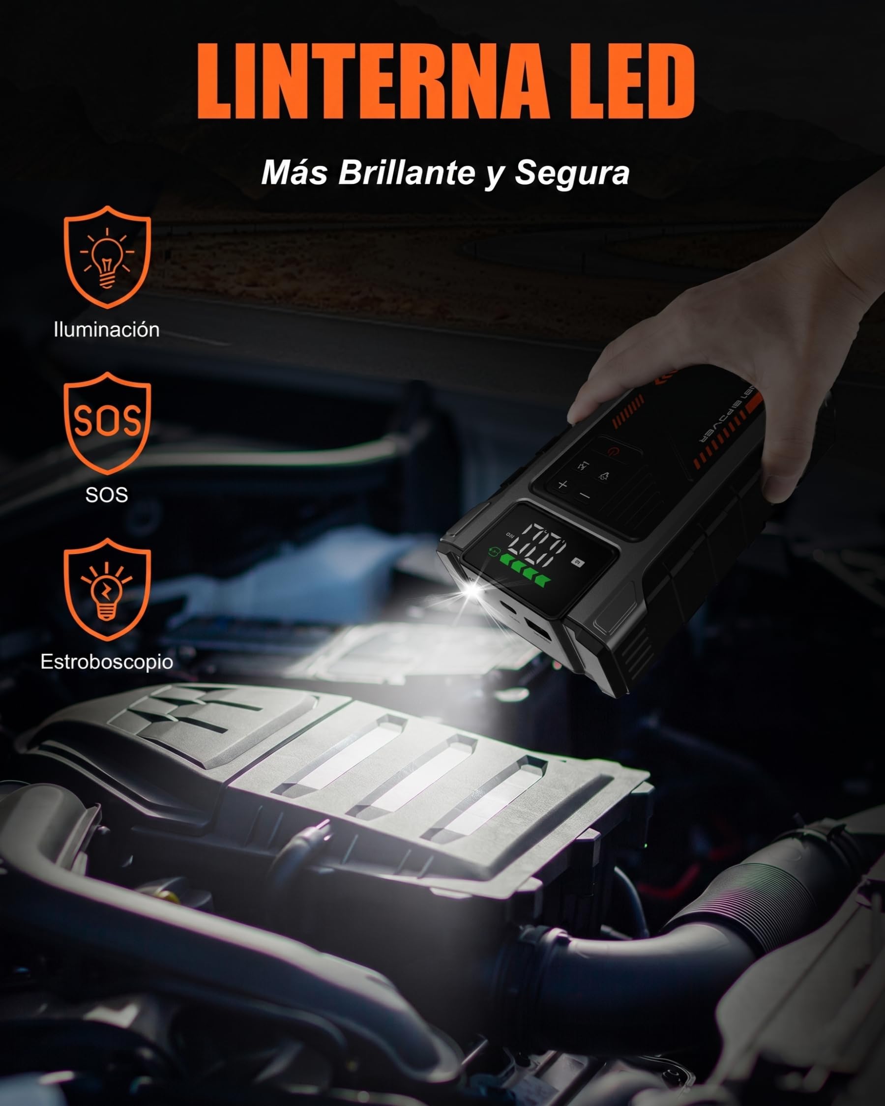 Arrancador de Baterias de Coche con Compresor de 150 PSI, 6000A Arrancador de Coche(para 9.0L Gasolina o 7.5L Diesel), Booster Bateria 12V con Pantalla LCD, Linterna LED