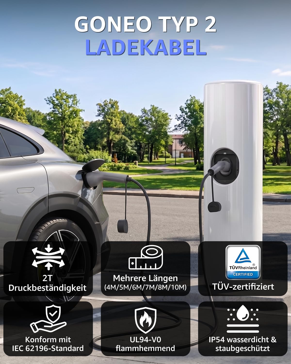 GONEO Typ 2 Ladekabel 22kW 10M, 32A 3-Phasig Mode 3 Schnellladekabel, IP54 TPU Abriebfest, Kompatibel mit Tesla/VW/BMW/Audi, für Elektroauto & PHEV, inklusive Tragetasche