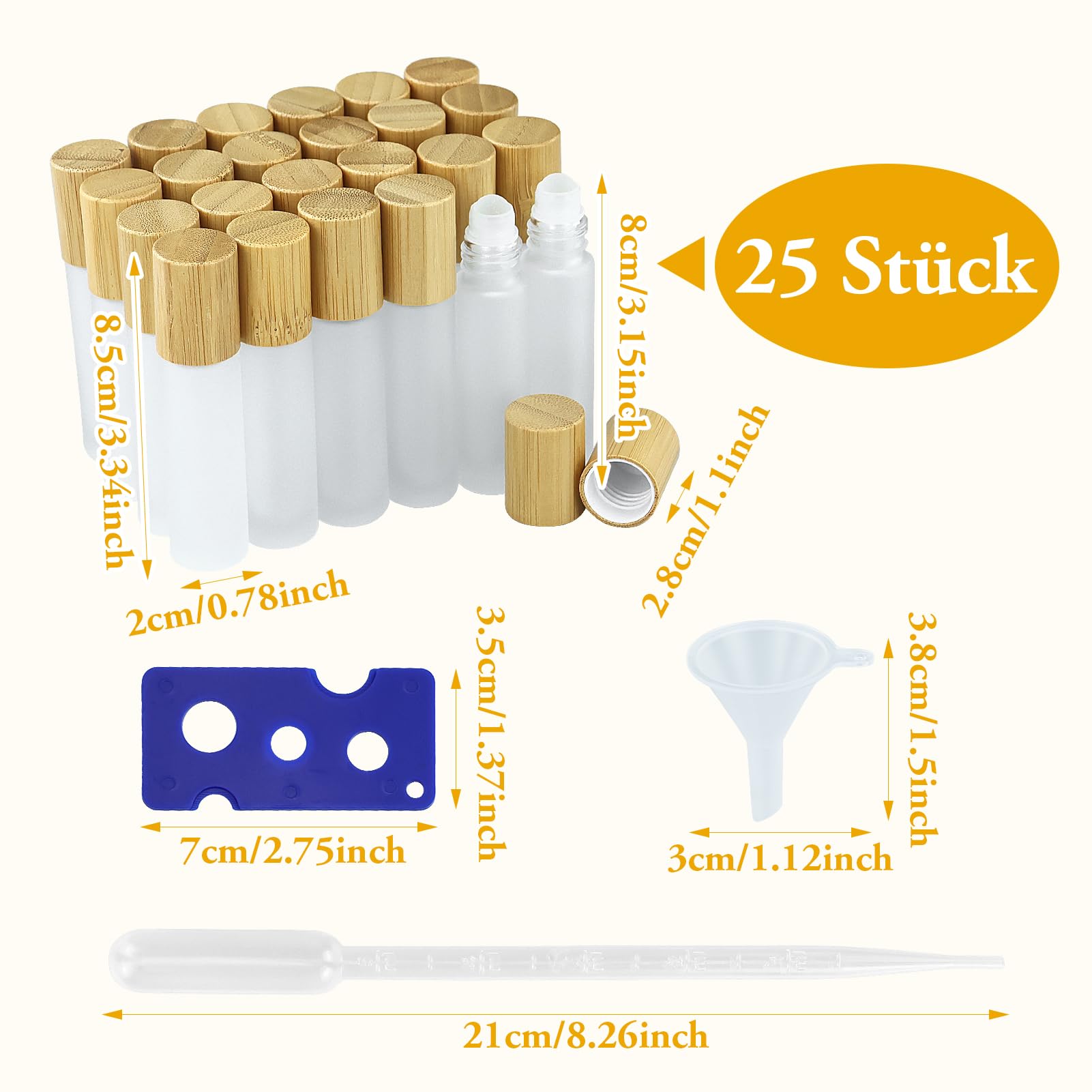 Lot de 25 bouteilles roll-on vides de 10 ml, en verre transparent, avec rouleau en acier inoxydable et bouchon en bambou pour huile essentielle, spa, massage
