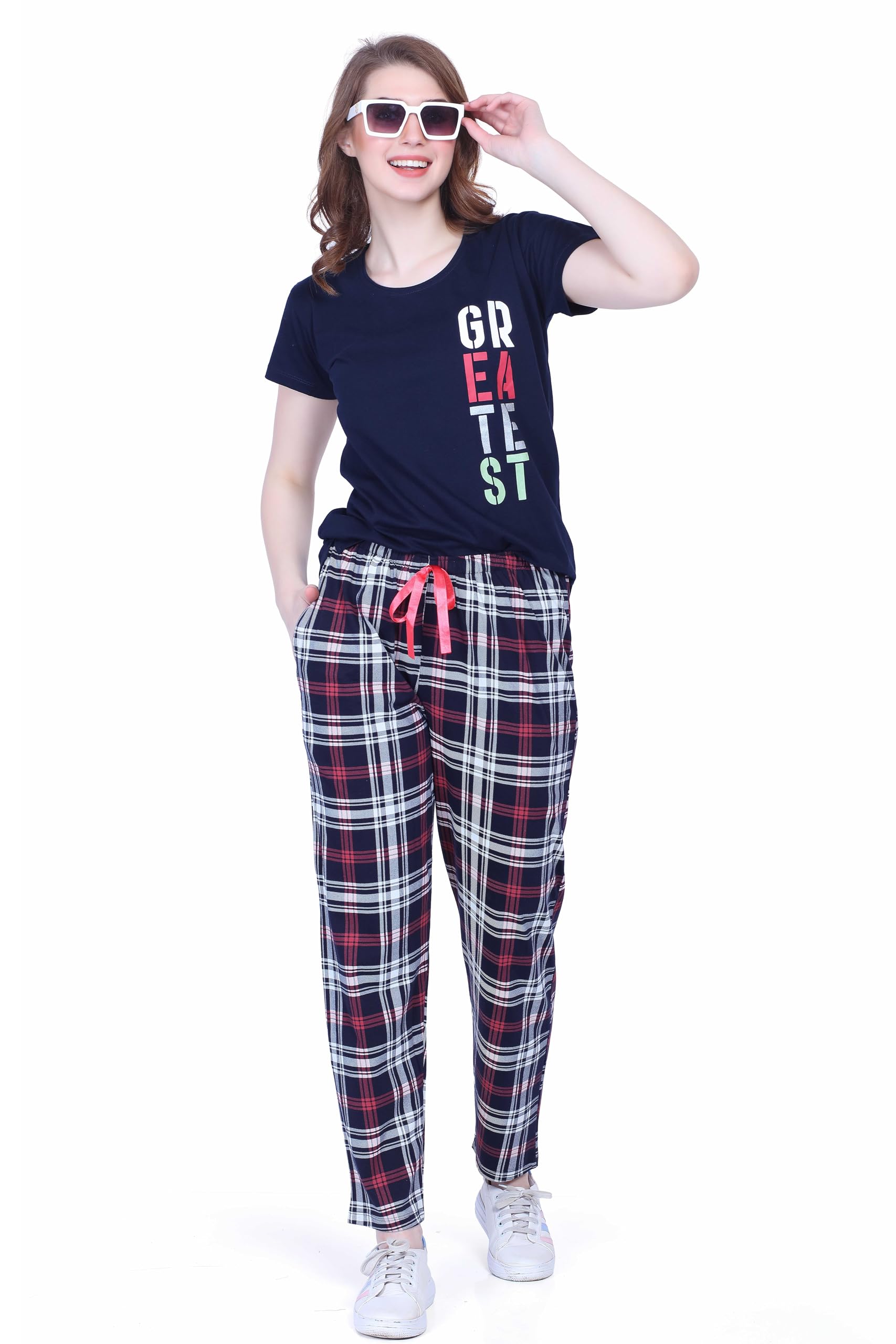 Nightview Women's Cotton Checks Printed Night Suit Set of Top & pyajama Set-image-3