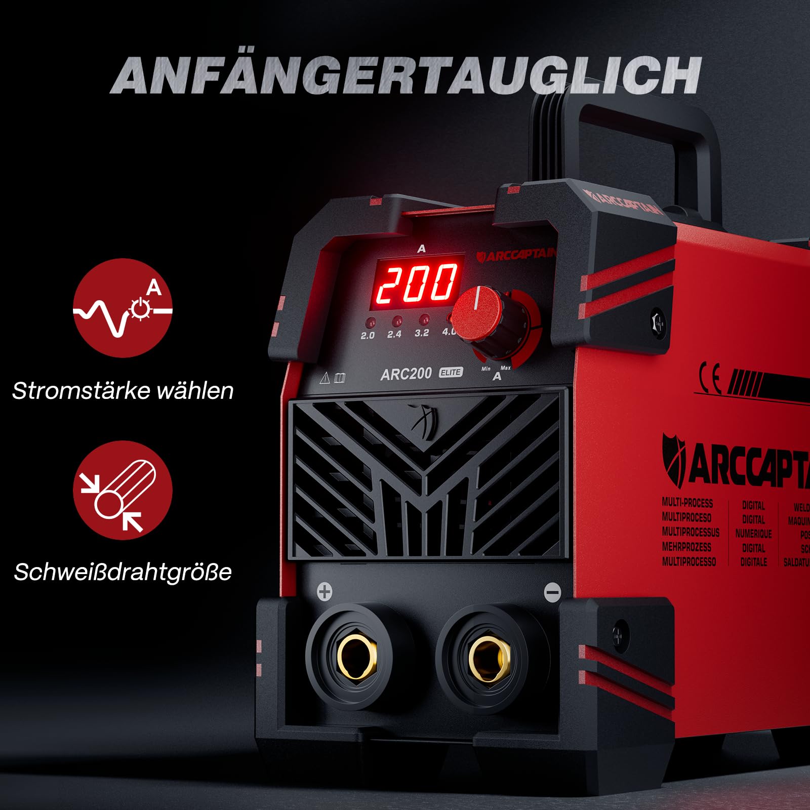 ARCCAPTAIN ARC200 Elektroden Schweißgerät, 200A IGBT DC MMA Inverter-Schweißgerät mit robustem Eckschutz, Heißstart, Anti-Stick, Arc-force