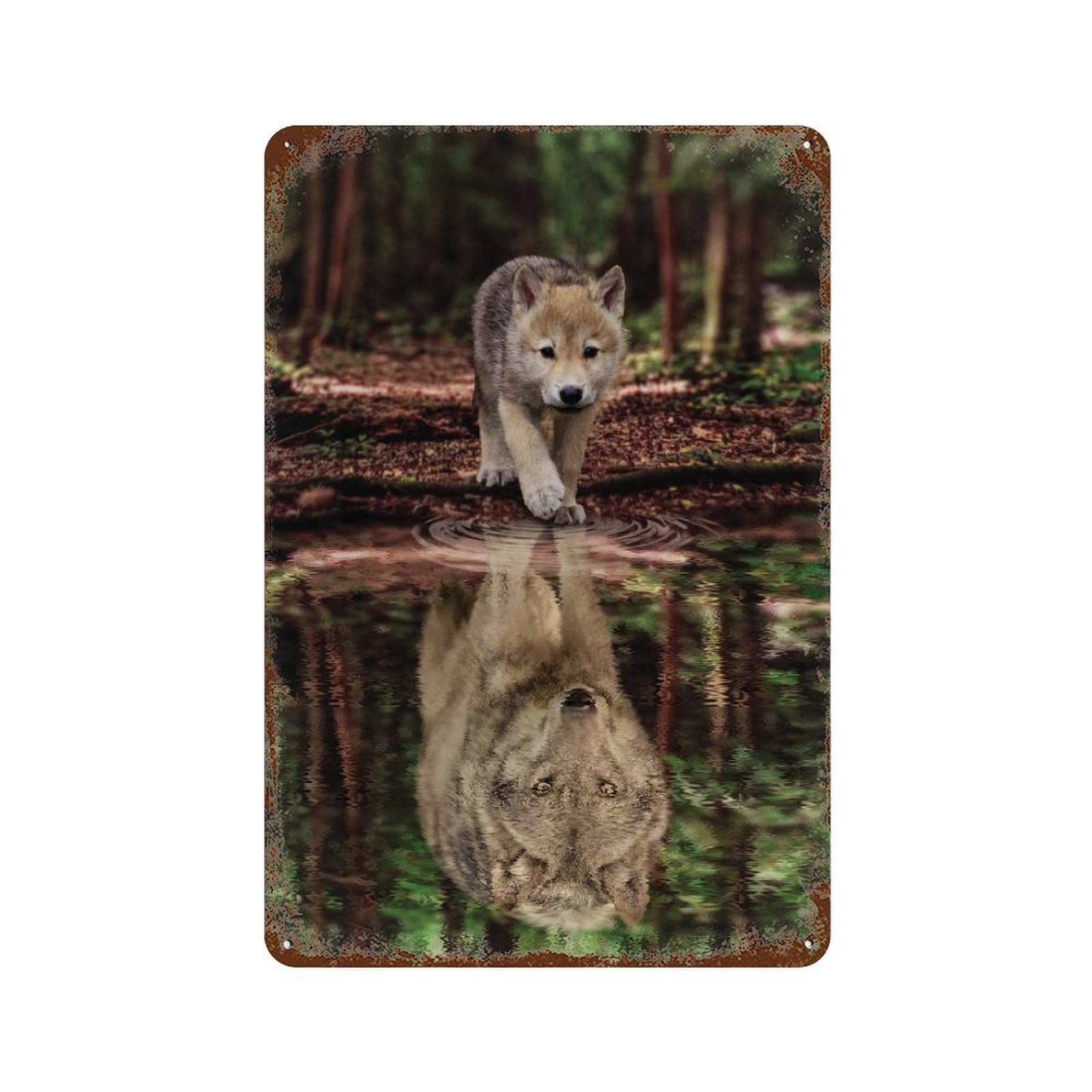 Wolf And Pup Water Reflect Rust Effect Tin Sign 11.8"x7.9", Industrial Home Decor for Garage, Pub Or Kitchen