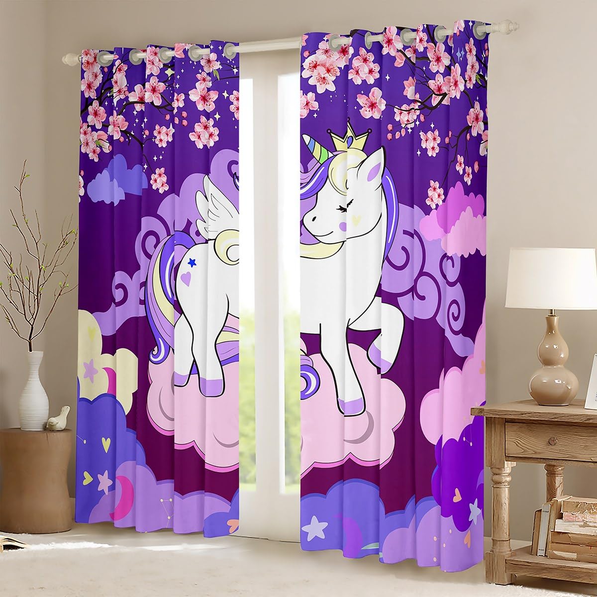 Feelyou Unicorn Window Curtains for Bedroom Living Room for Girls Cherry Blooming Unicorn Curtains Kids Japanese Style Clouds Purple Cute Window Drapes Treatments Horse Flower 38W X 54L,2 Panels