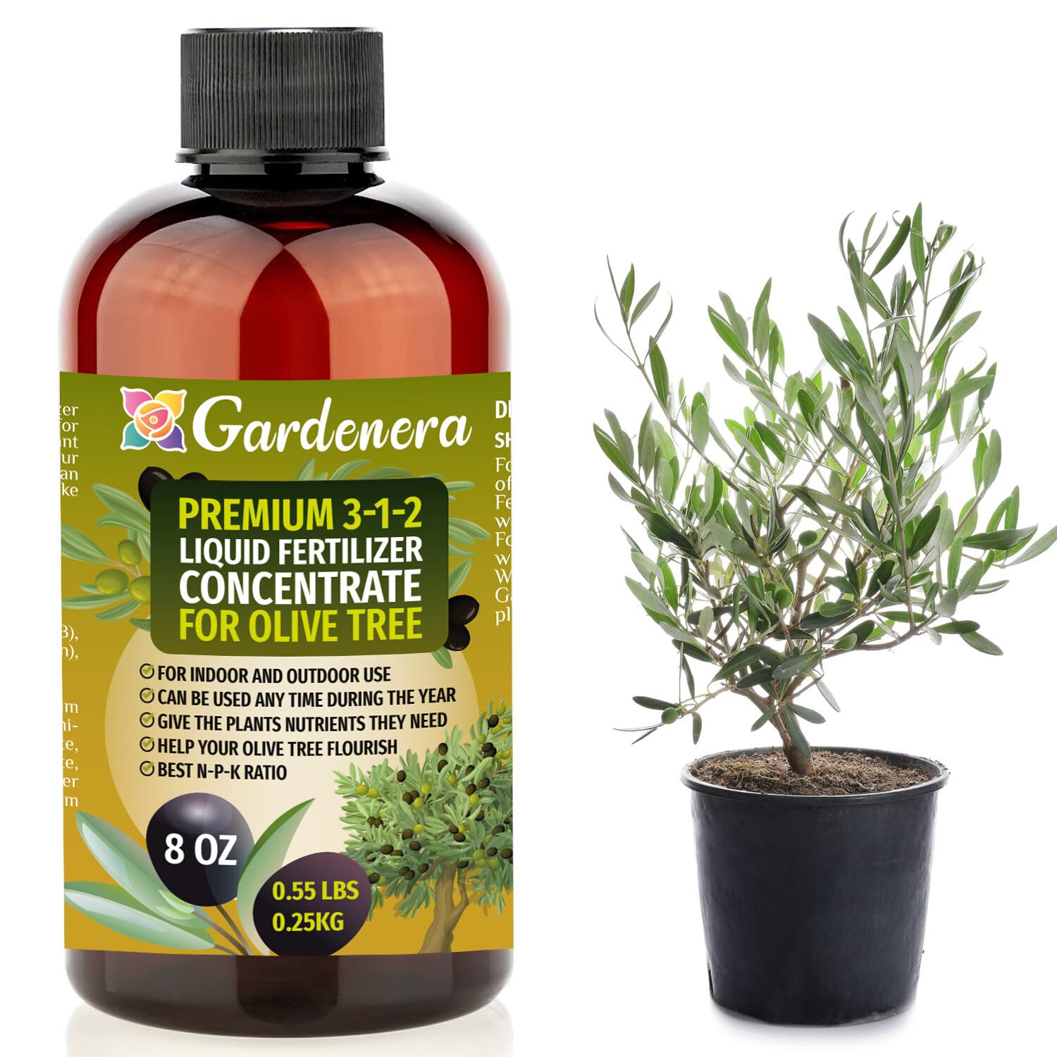 Premium Liquid Olive Tree Plant Fertilizer - 3-1-2 Concentrate for Indoor Plants and Flowers by Gardenera | Organic Plant Food for Olive Trees - 8oz