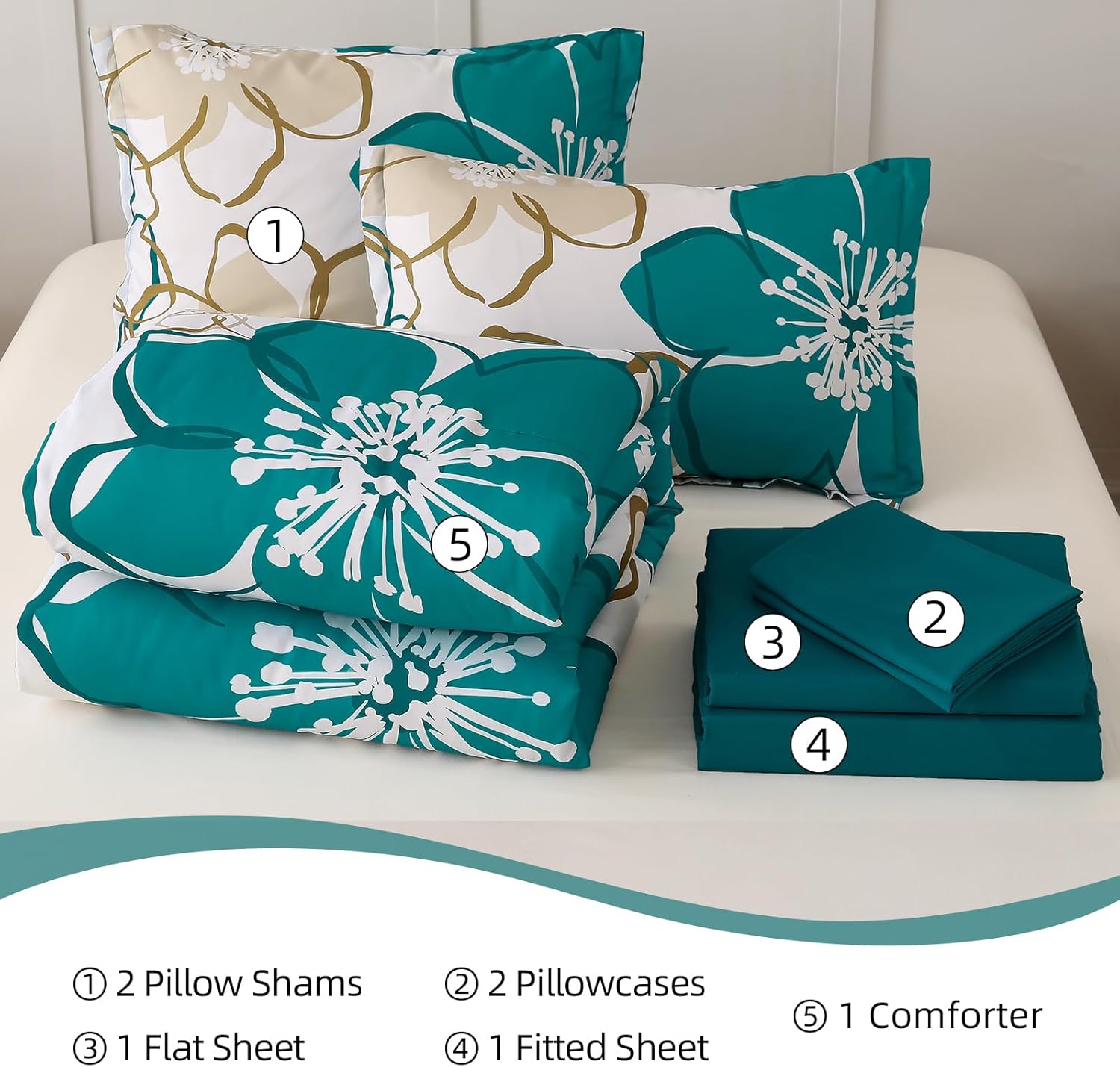 Anibedding 7Pieces Teal Grey Floral Comforter Set Queen Size, Soft Microfiber Grey Blue Bed in a Bag Comforter Set with Sheets for All Season - Image 5
