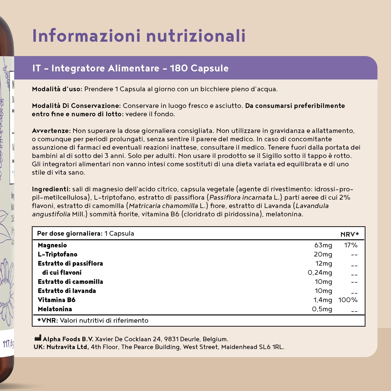 Melatonina 0,5 mg | 180 Capsule | Integratore Sonno con Magnesio, L-Triptofano, Passiflora, Lavanda, Camomilla e Vitamina B6 | per dormire e Jet Lag | Favorisce il Rilassamento | Alpha Foods