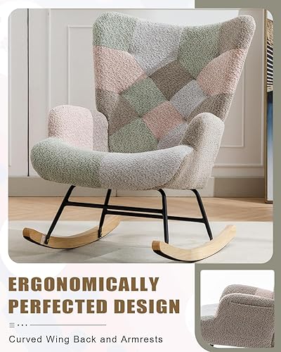 Miniatura 4 de LifeSky - Silla mecedora cómoda y moderna, sillas deslizantes de tela de lino con retazos, silla mecedora para dormitorio, sala de estar, macarrón