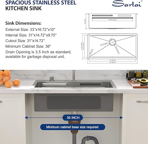 Miniatura 182 de Sarlai Fregadero de cocina de montaje inferior 21 x 19 pulgadas, repisa de fregadero de barra de montaje inferior, estación de trabajo, cuenco Acero
