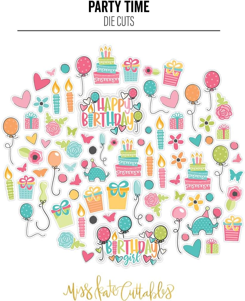 Die Cuts & Paper Set - Party Time - By Miss Kate Cuttables - 16 Sheets of 12"x12" Premium Specialty Paper & OVER 60 Coordinating Die Cuts - Exclusive Original Matching SET