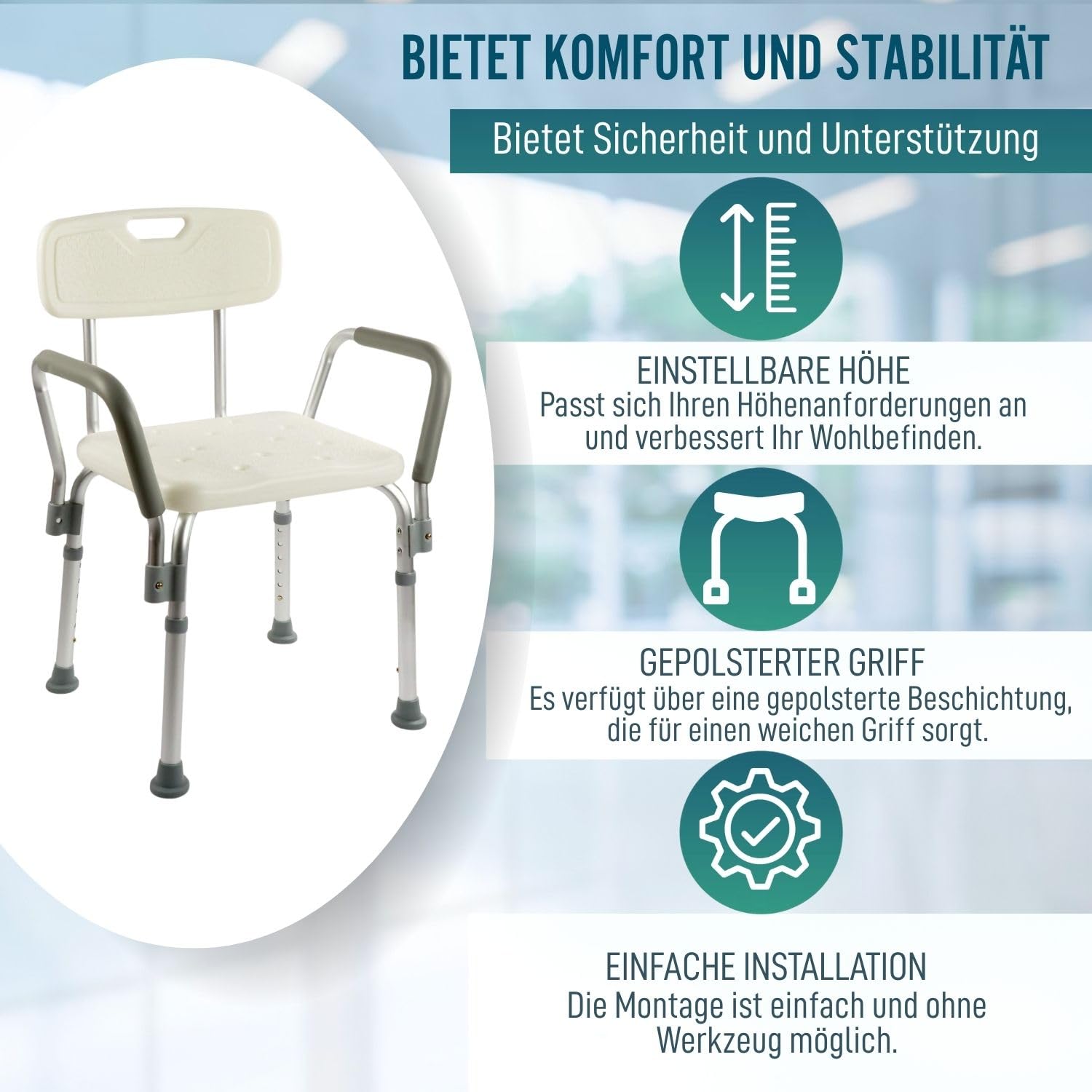 OrtoPrime Duschstuhl mit Rückenlehne und Armlehnen – Höhenverstellbarer Pflegestuhl für Senioren – Rutschfester Duschsessel mit Abnehmbarer Lehne – Badestuhl bis 150 kg belastbar