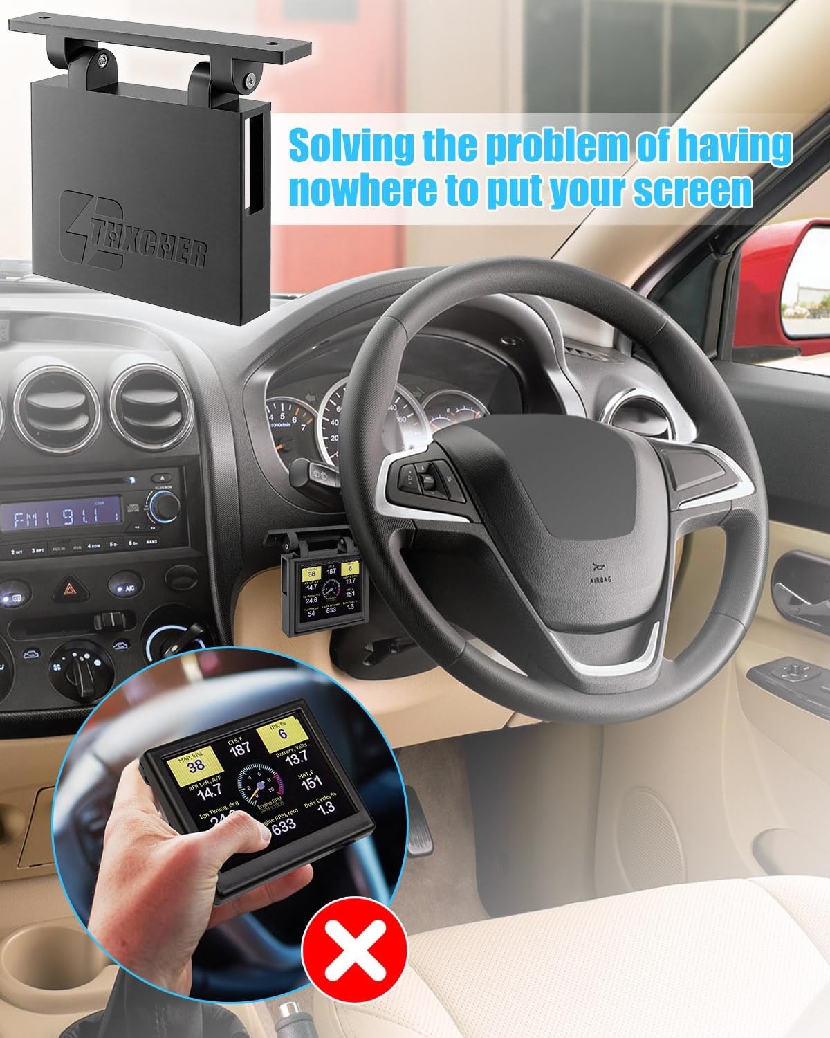 Under Dash Screen Mount Compatible with Holley EFI 3.5In Screen Sniper Terminator X, Hinged Vehicle Mounting Brackets, 180 Degree Adjustable