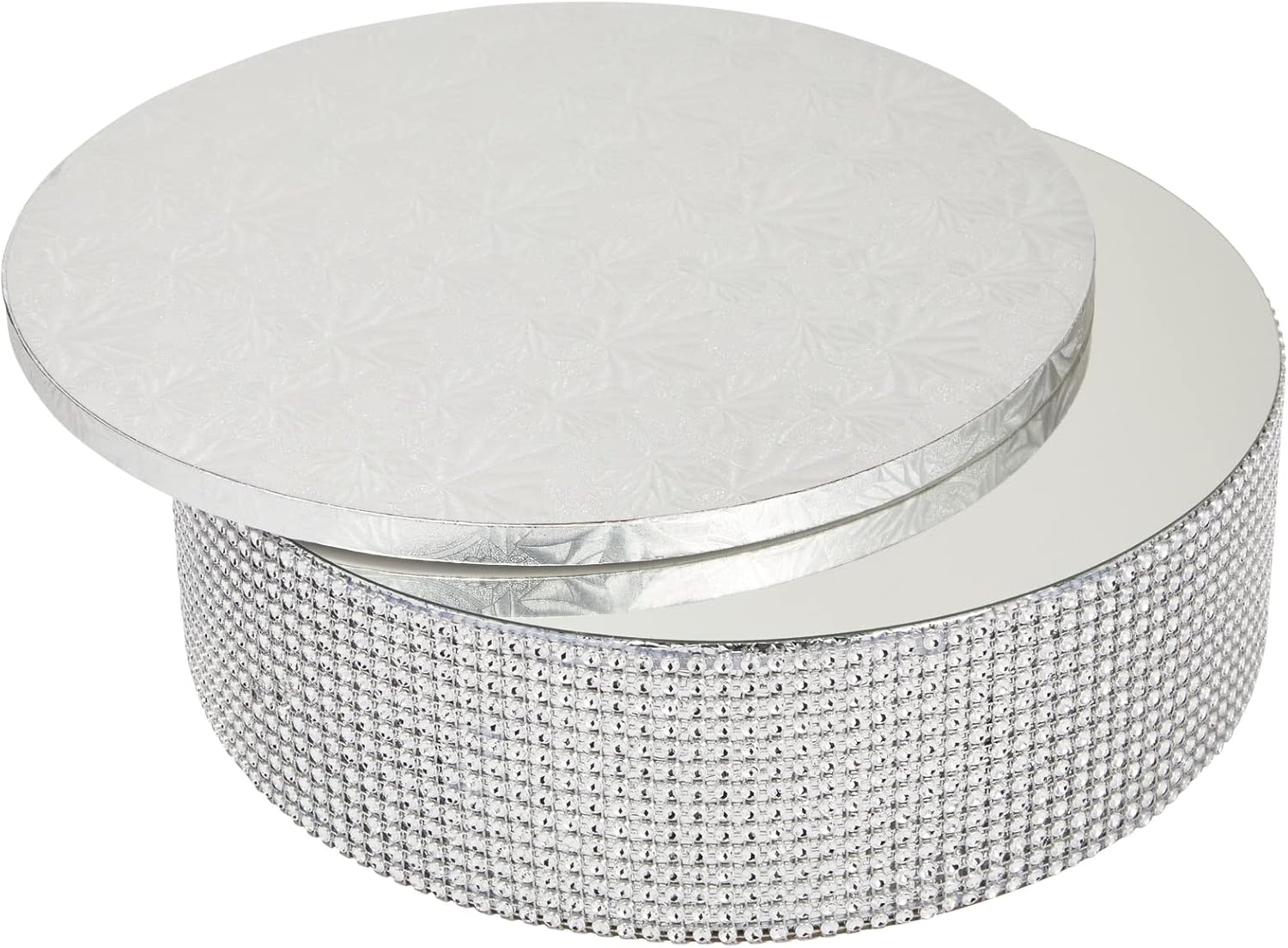 Sparkle and Bash 2 Piece Silver Foil Wedding Cake Stand with Rhinestones and 12 Inch Cake Drum, Dessert Holder for Centerpieces