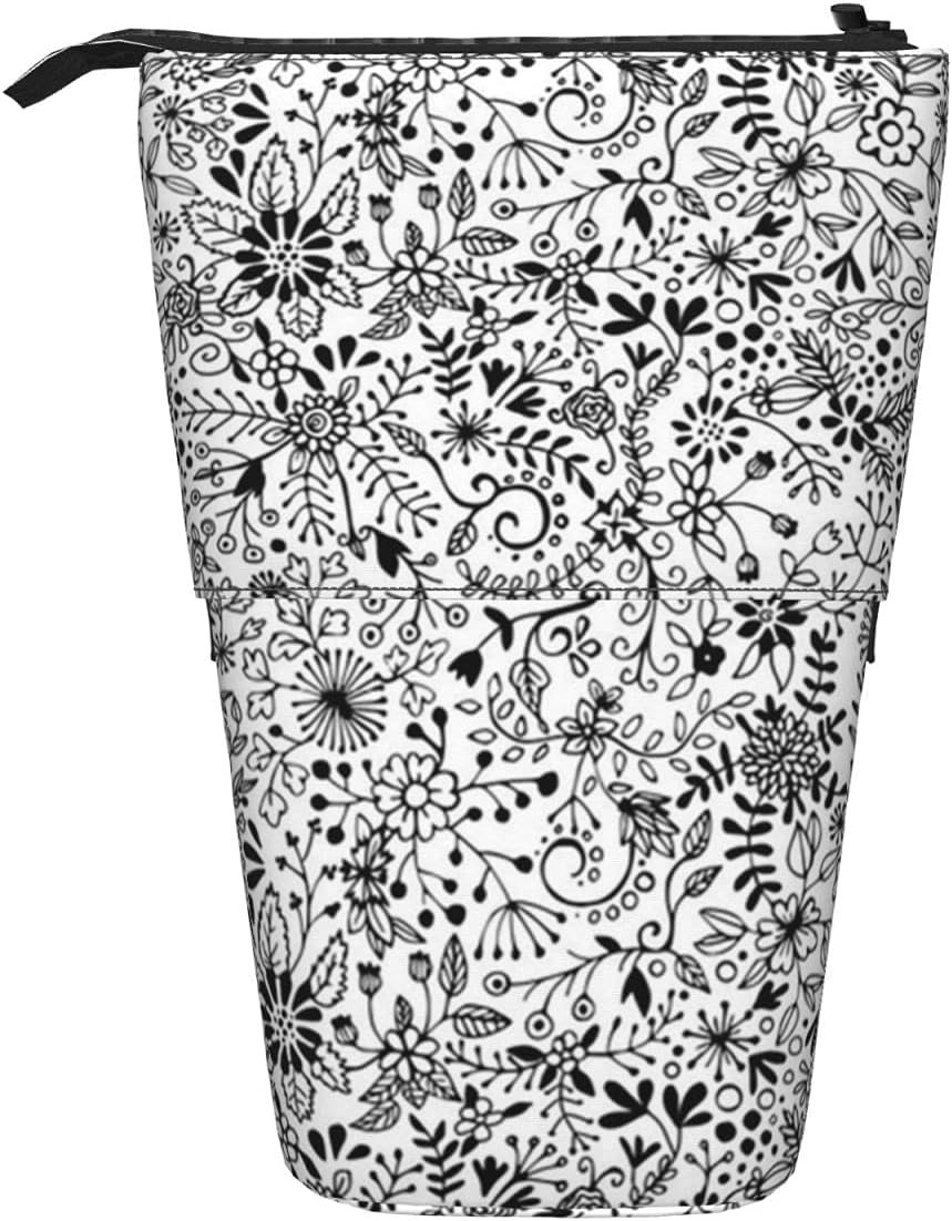 Pencil Case Flower Doodle Black Makeup Bag Personalized Telescopic Pencil Case Large Capacity Pencil Pouch, for Boys, Students, College