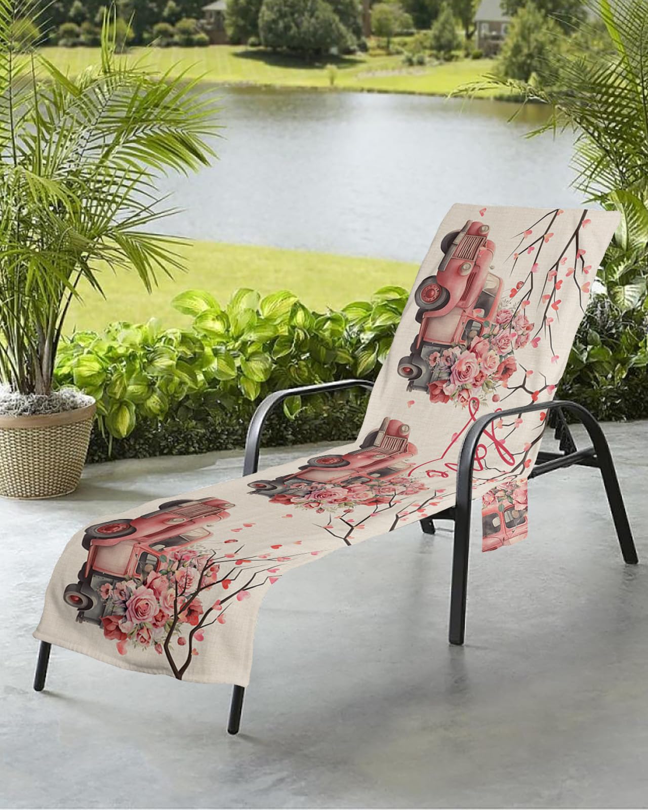 Valentine's Truck Lvory Beach Chair Towel Covers for Chaise Lounge with Side Pocket, Soft Plush Pool Towels Cover for Patio Sunbathing Outdoor 29''x85'' Retro Romantic Rose Watercolor