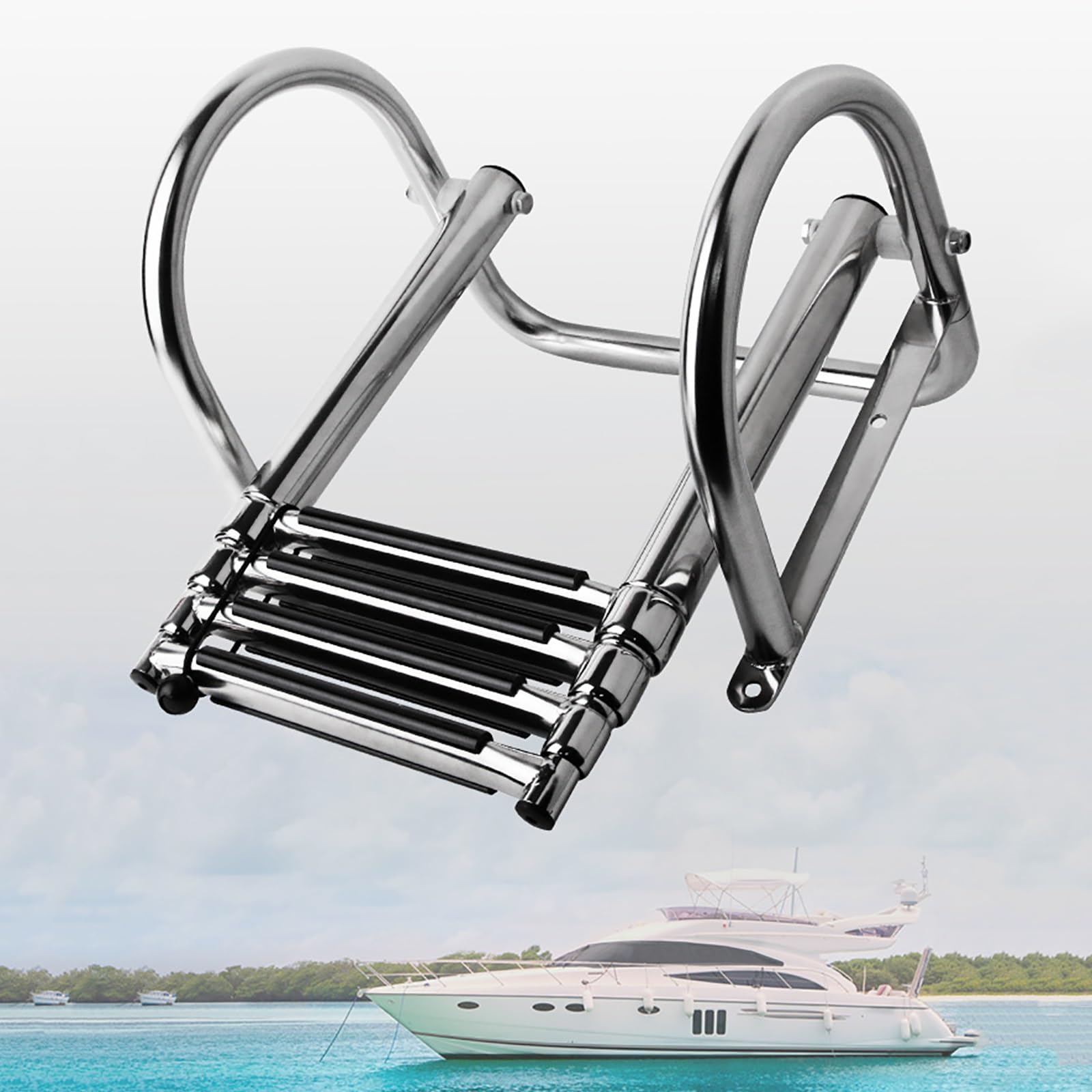 Scaletta Barca Inox 316 Saldata Per Carichi Pesanti A 4 Gradini, Scala Per Pontile Con Ingresso Posteriore Telescopica Pieghevole Con Ampio Gradino, Corrimano Interno E Viti