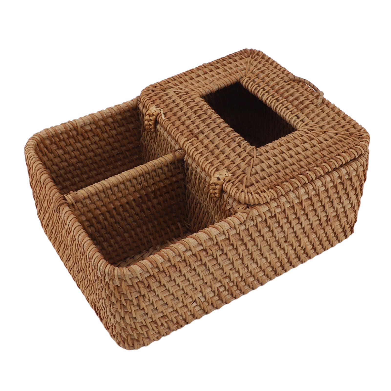 Caja de tejido de ratán, soporte de servilleta decorativo hecho a mano cuadrado con tapa de 2 compartimentos Organizador de almacenamiento remoto