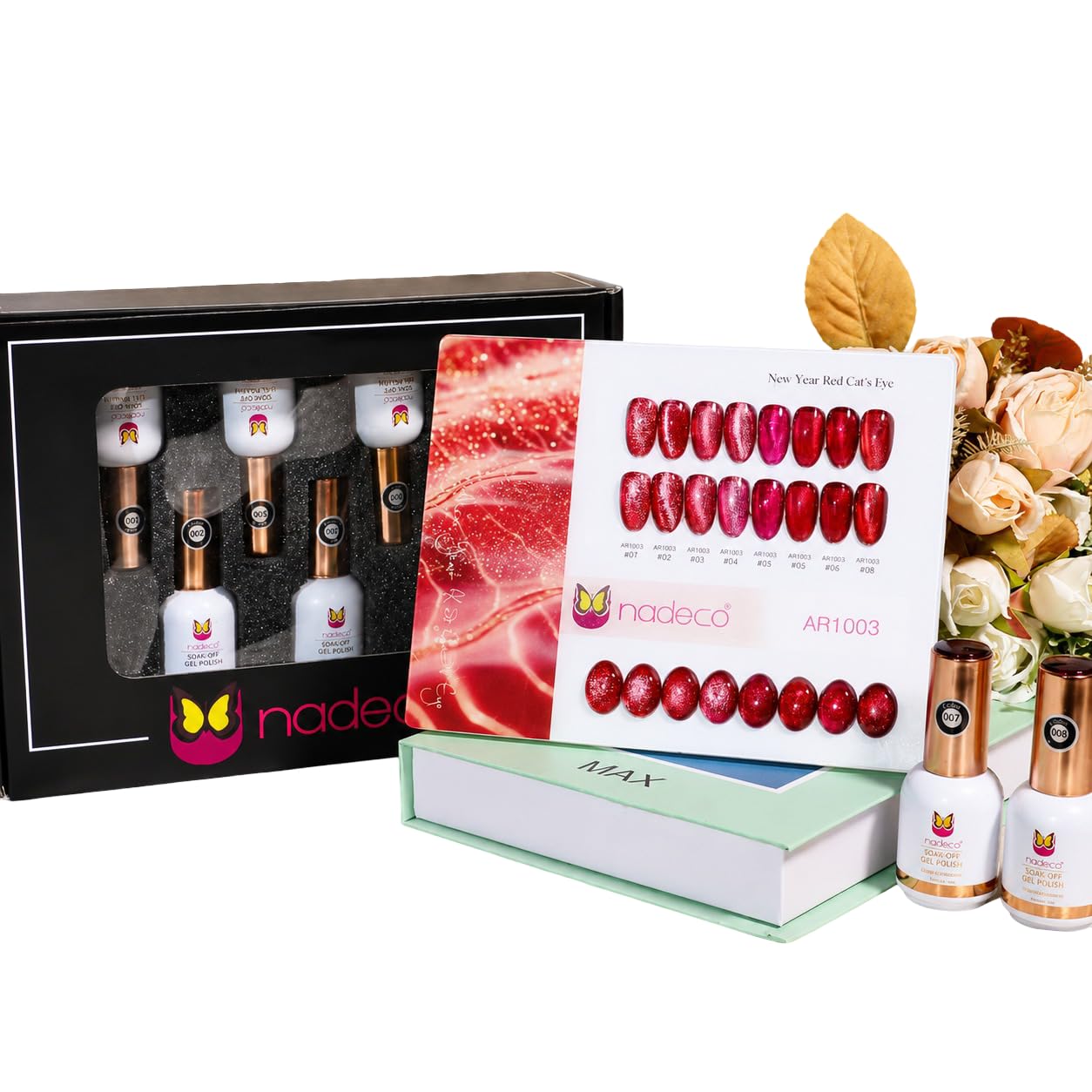 nadeco® New Year Red Cat's Eye Soak-Off Gel Polish Set AR1003 | 8 Shades Included, Magnetic Cat's Eye Effect, Rose Gold Cap Bottles, Colour Swatch Card, Gift Box Packaging-image-16