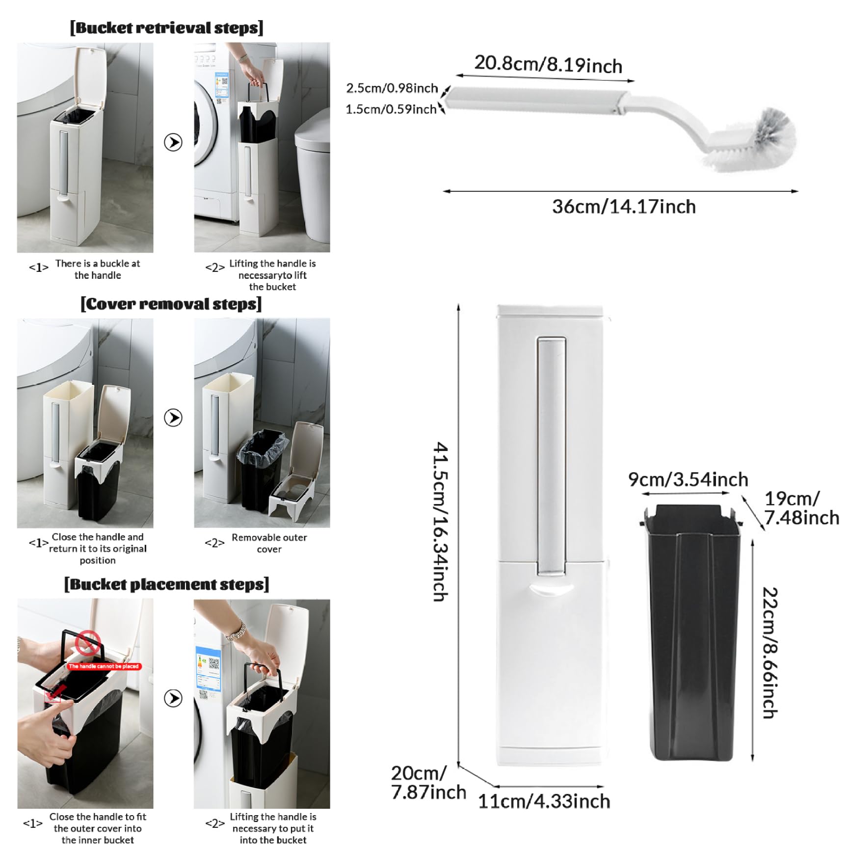 Schlanker weißer Badezimmer-Mülleimer mit WC-Bürstenhalter, platzsparend, rechteckiger Windeleimer für Zuhause, Küche und Badezimmer, Deckel zum Drücken zum Öffnen, 10,9 x 20,9 x 41,3 cm