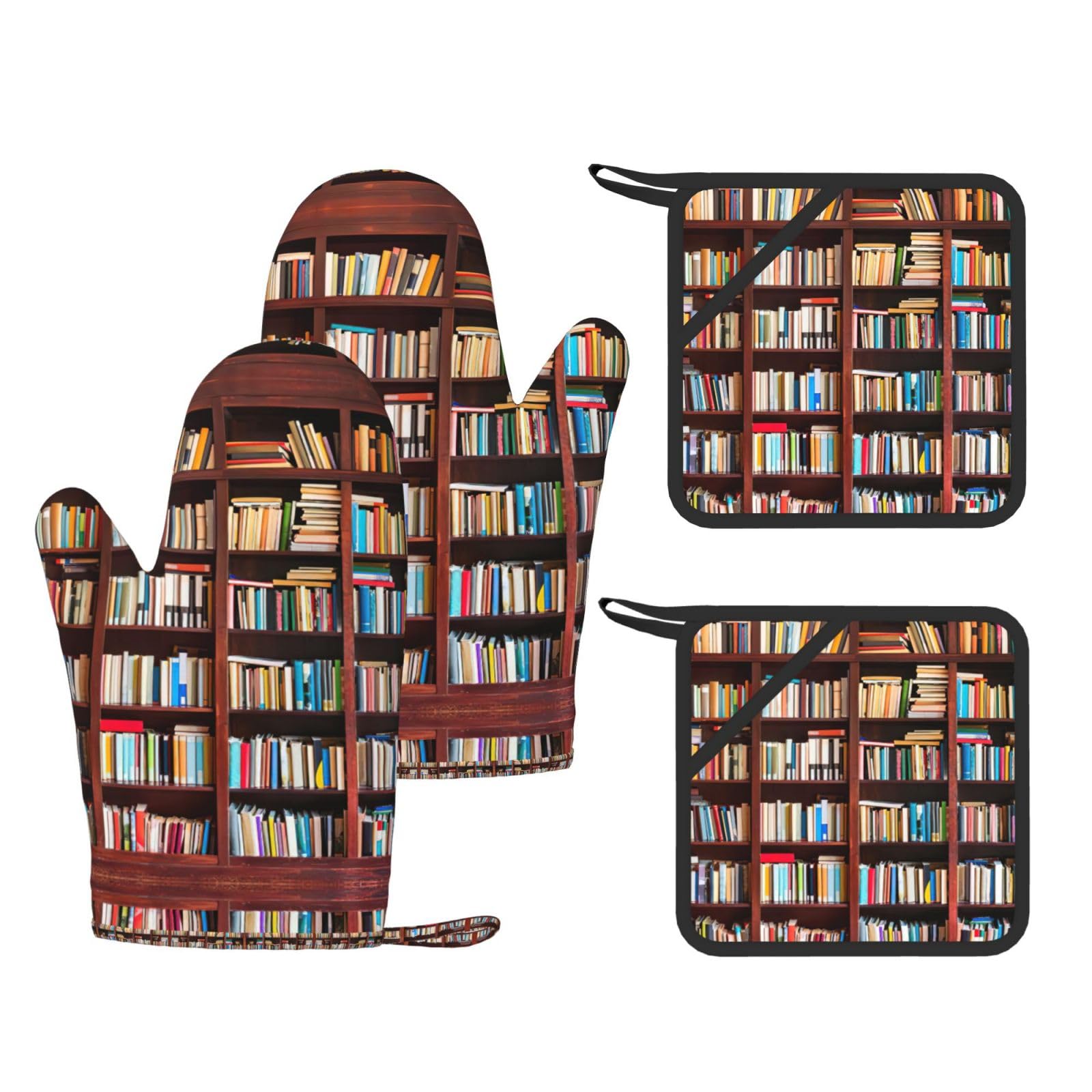 books Printed Cooking Mitts and Pot Holders 4 Pcs, Heat Resistant Oven Gloves with Hanging Loop Chef