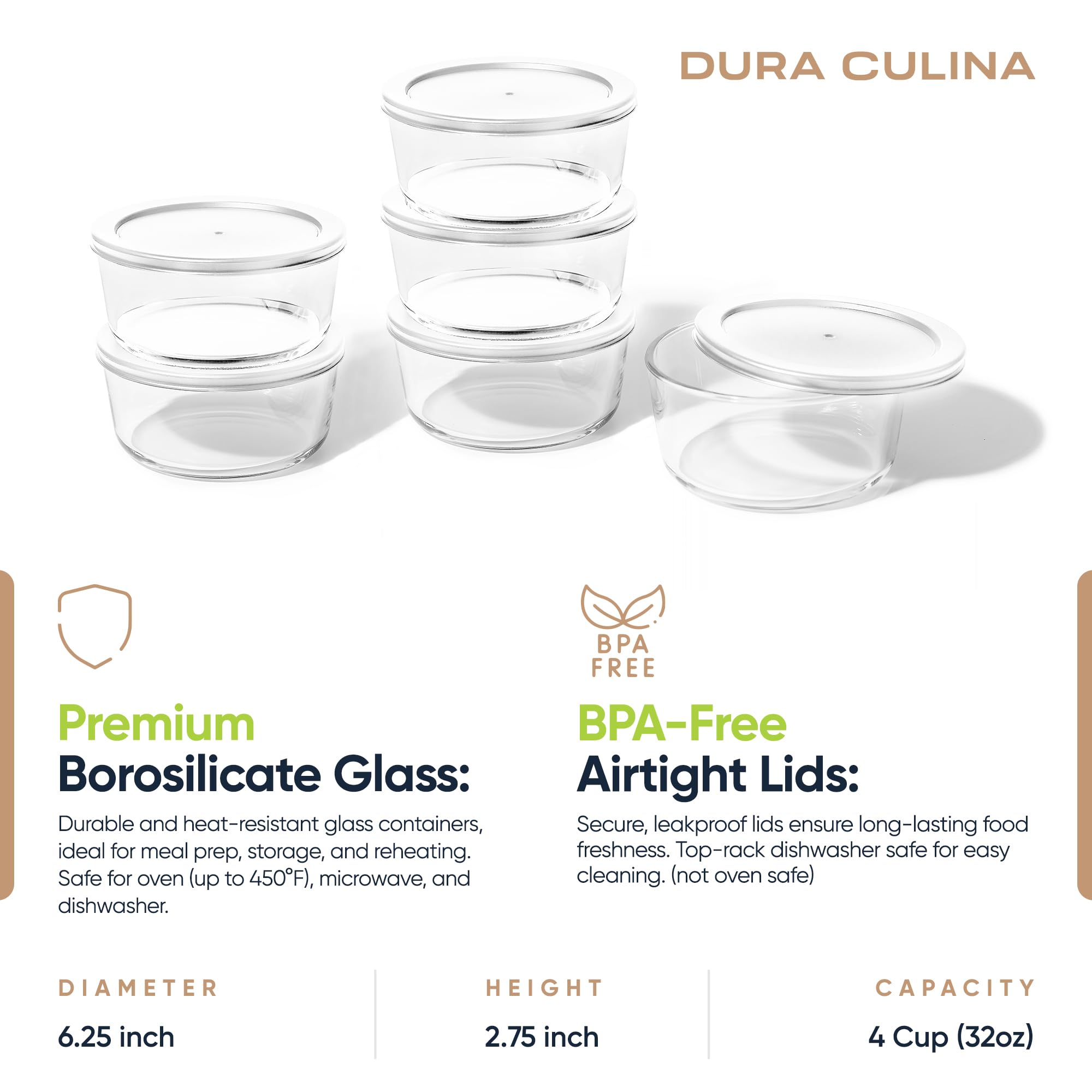 DURA LIVING Juego de 12 recipientes de vidrio para almacenamiento de alimentos (6 recipientes + 6 tapas sin BPA), 4 tazas, a prueba de fugas, aptos para microondas, congelador, horno y lavavajillas