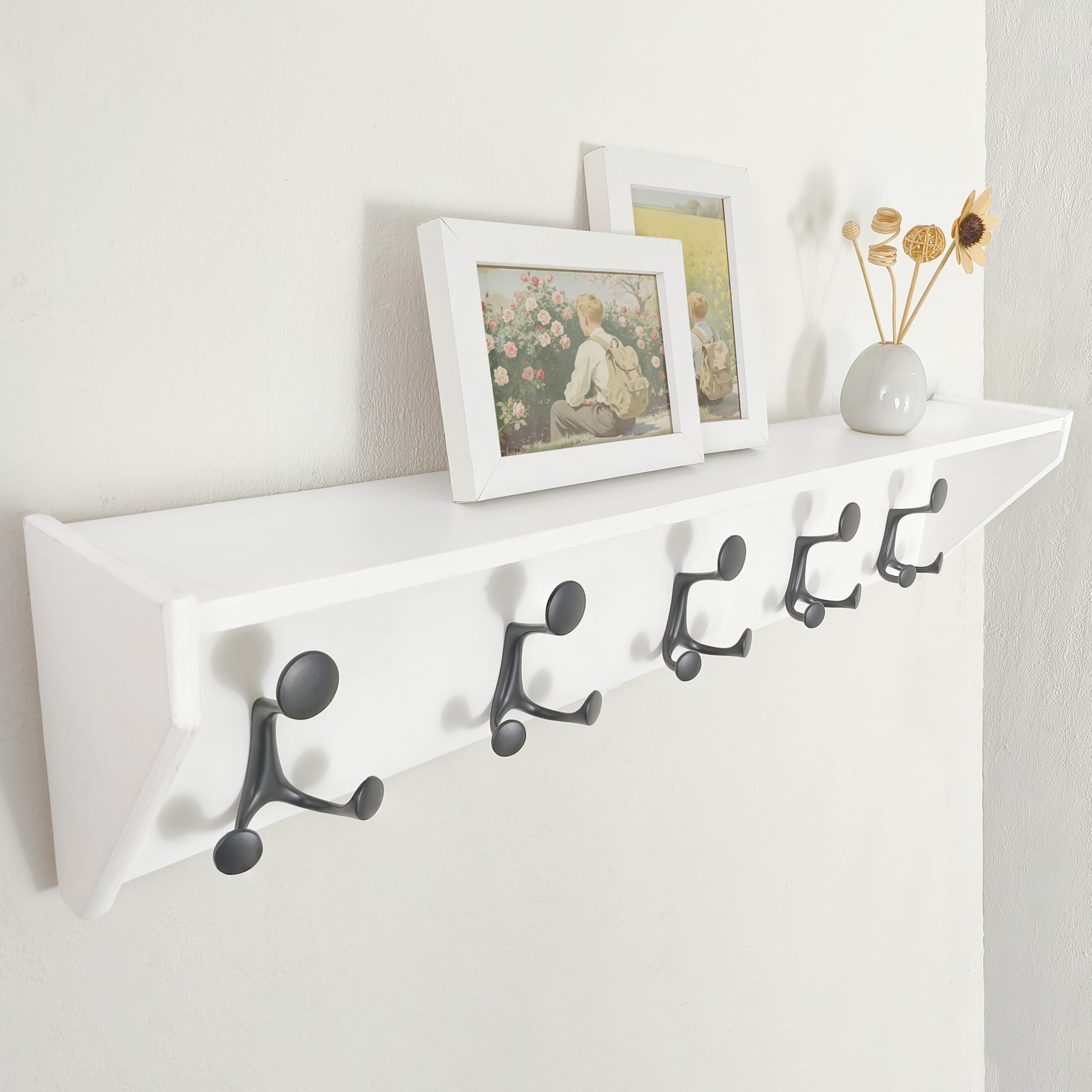 SKOLOO Ganci da parete con mensola, appendiabiti da parete resistente, con 5 ganci tripli per cappotti, zaini, vestiti, mensola sospesa da appendere in ingresso, corridoio, soggiorno, bagno, camera da
