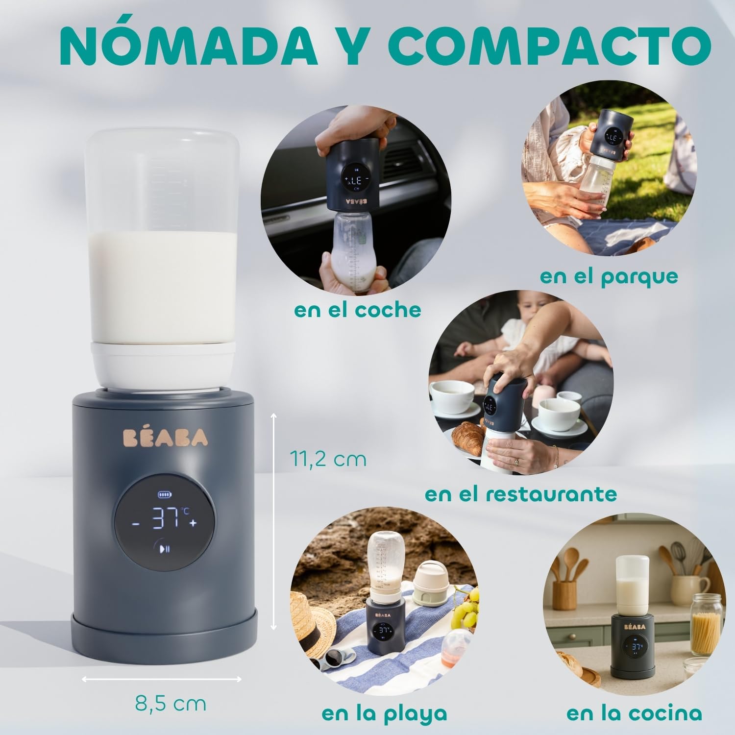 BEABA – Milk Nomad – Calentador de biberón nómada Ultrarápido con Batería – Calentador en -3 min, Temperatura ajustable, Mezclador Antigrumos patentado, USB-C, Compacto y compatible con biberons
