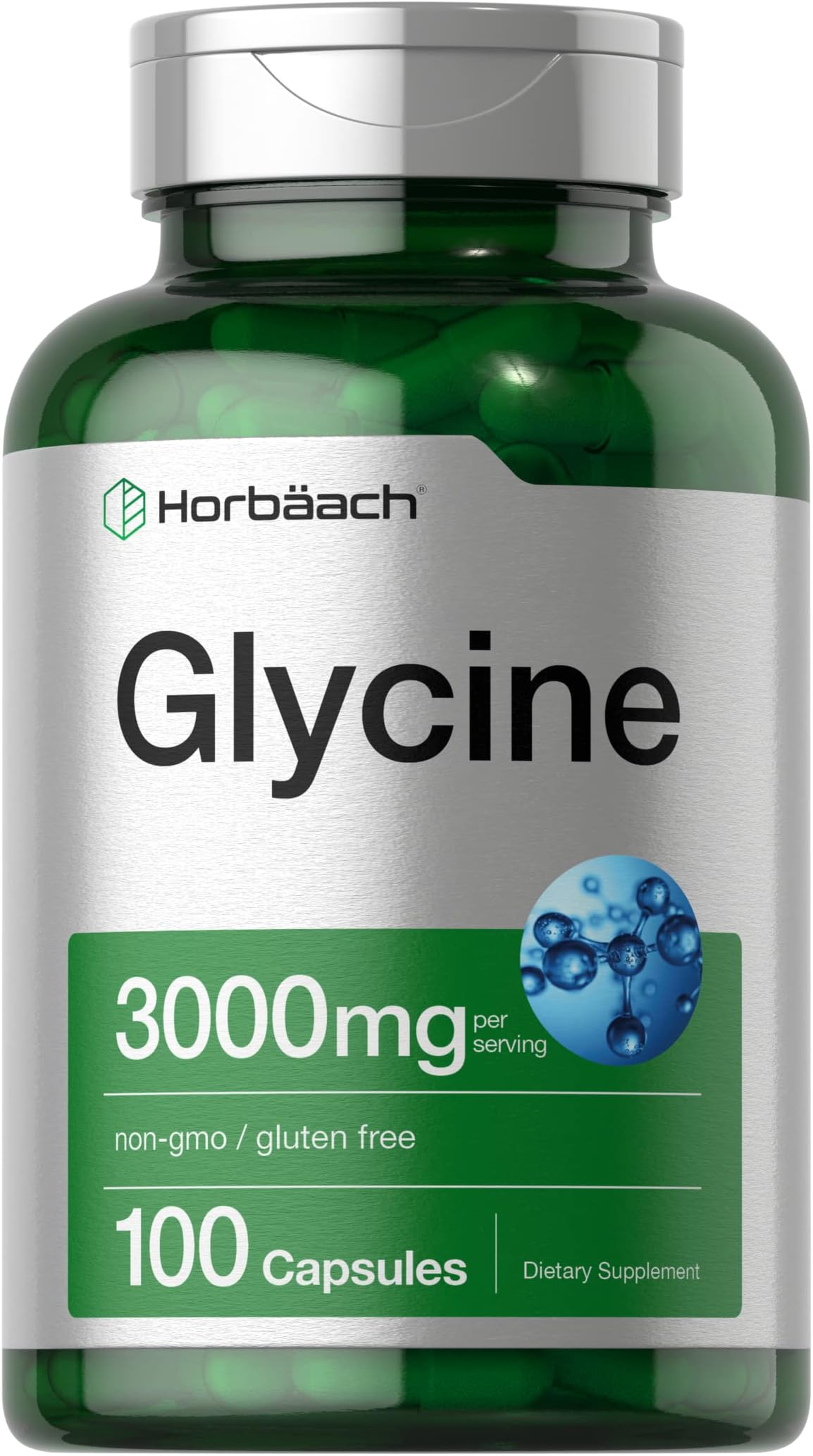 Horbäach Glycine 3000mg Supplement | 100 Powder Capsules | Free Form Amino Acid | Non-GMO, Gluten Free Supplement