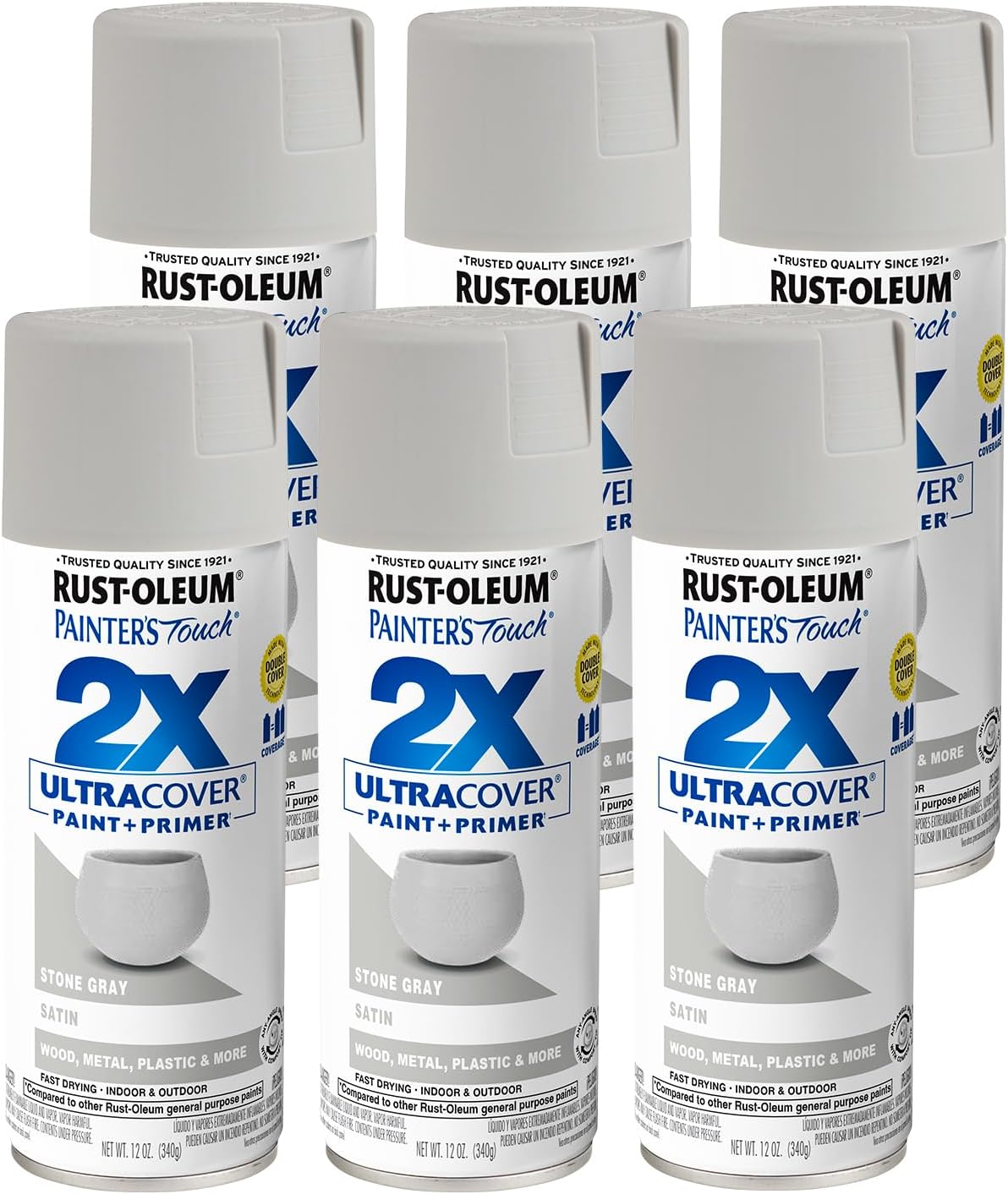 Rust-Oleum 249855-6PK Painter's Touch 2X Ultra Cover Spray Paint, 12 oz, Satin Stone Gray, 6 Pack