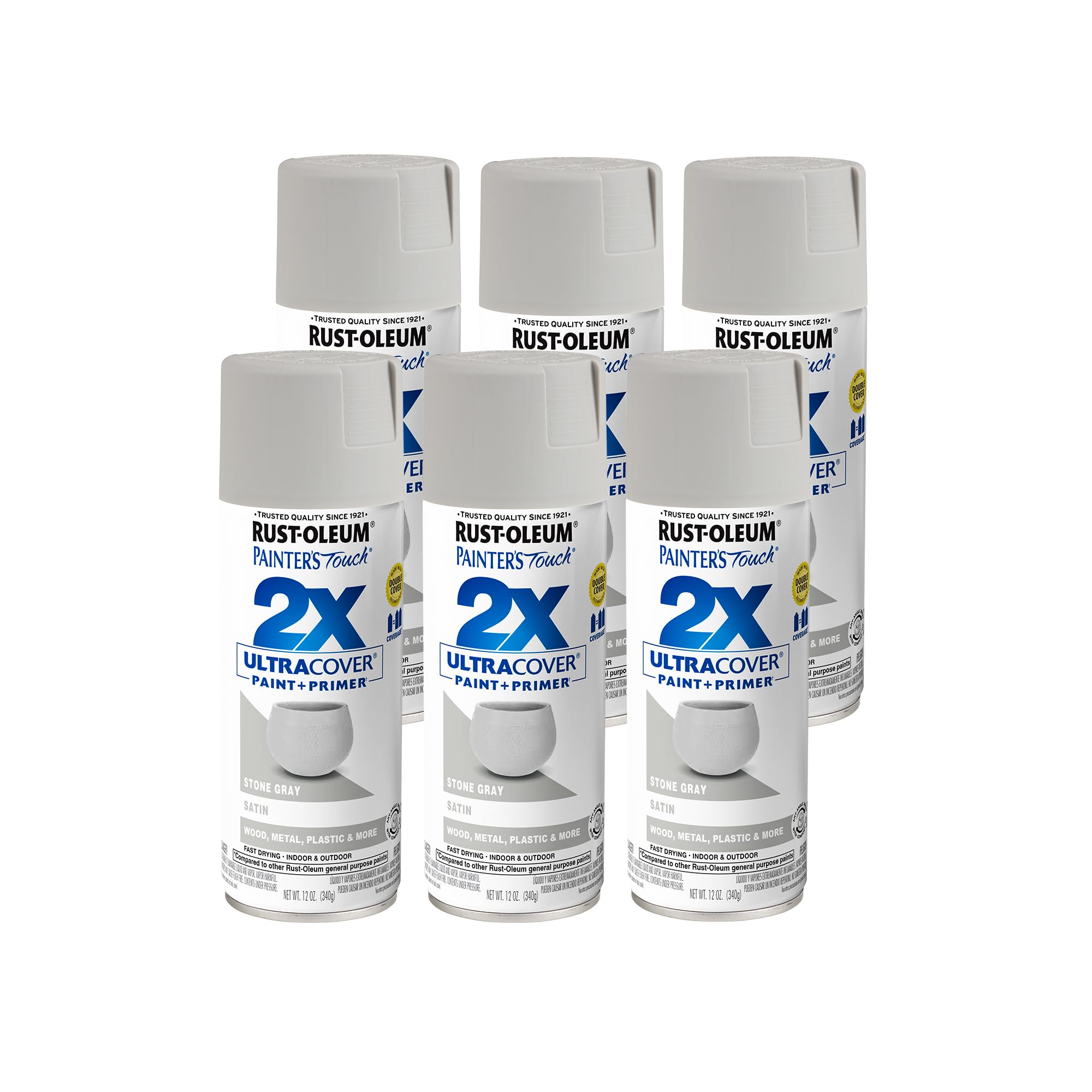 Rust-Oleum 334086-6PK Painter's Touch 2X Ultra Cover Spray Paint, 12 oz, Satin Stone Gray, 6 Pack