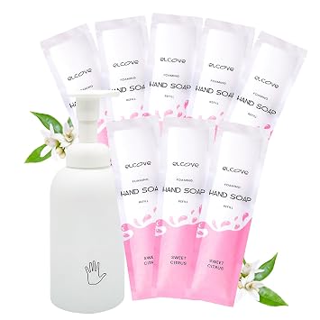 Foaming Hand Soap Starter Set and Hand Soap Refills, Makes 96 oz of Hand Soap 8 Refills x 12 oz each, Includes Hand Soap Dispenser, Plastic Free, Moisturizing Sweet Citrus
