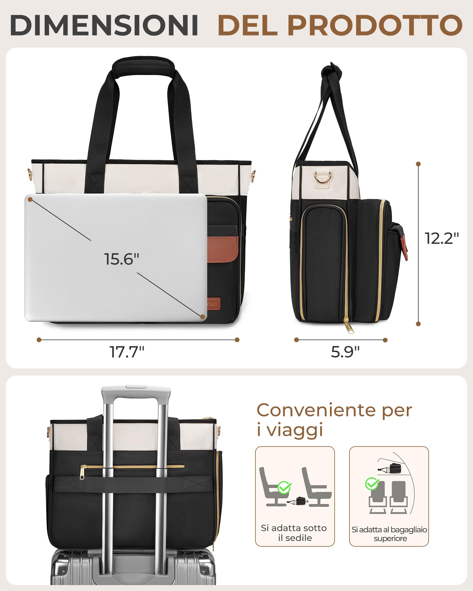 Ytonet Borsa Porta PC Donna 15,6 Pollici, Borsa Lavoro Donna Capiente con Scomparto Imbottito e Organizer a Soffietto, Borse Insegnante Impermeabile per Ufficio, Università, Infermiere, Nero