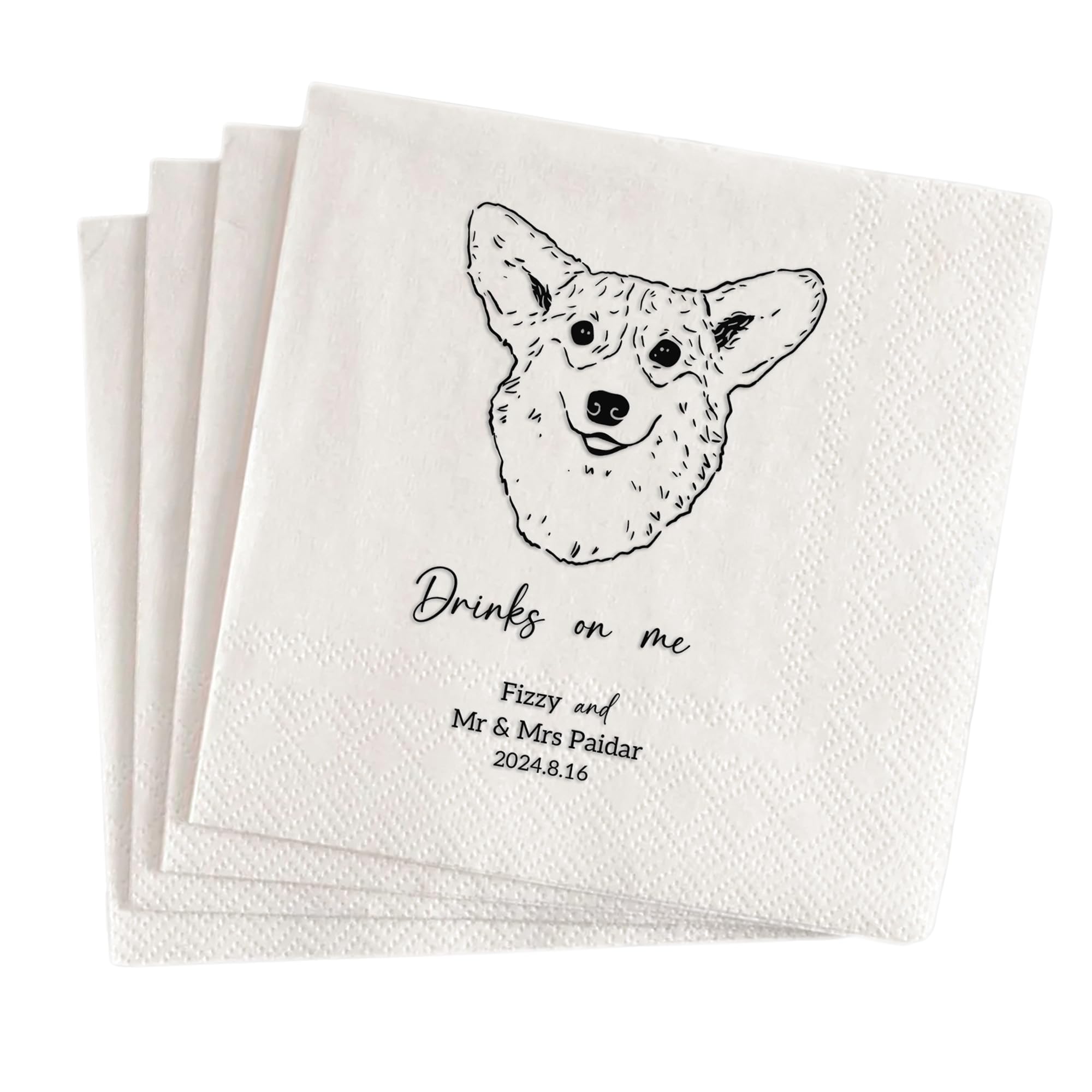 Personalisierte Hochzeitsservietten mit personalisierten Porträts und Daten, personalisierte Haustier-Cocktail-Servietten für Verlobungsparty, Brautpartys und Hundehochzeiten
