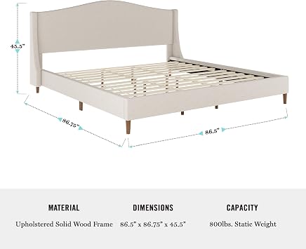 Martha Stewart Amelia Platform Bed with Curved Headboard and Cushioned Side Rails, Faux Linen Upholstery, Wood Slat Foundation, No Box Spring Needed, King, Beige