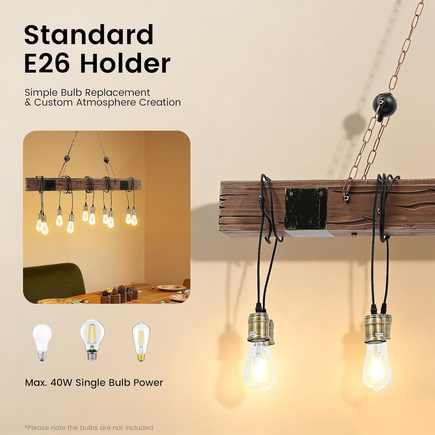 10-Lights Wood Hanging Light Lantern, Retro Rustic Pendant Light Farmhouse Chandelier Industrial Suspension Light for Dining Table, Vintage Kitchen, Bar, Island, Billiard