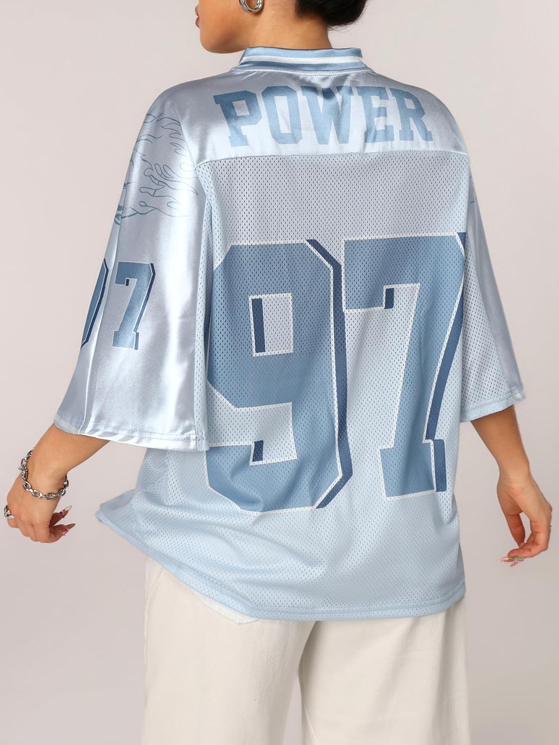 Verdusa Women's Jersey Letter Graphic Oversized Half Sleeve V Neck Y2k T Shirts Streetwear - Image 2