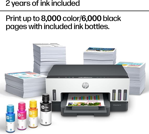 طابعة خزان الحبر اللاسلكية الكل في واحد HP Smart Tank 7001، ماسح ضوئي، ناسخة مع حبر لمدة عامين، الأفضل للمكتب المنزلي، قابلة لإعادة التعبئة بدون خرطوشة، تدعم الذكاء الاصطناعي (28B49A)