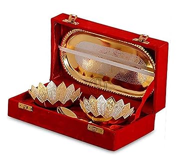 DSH Silver and Gold Plated Floral Bowl Set with Serving Spoons and Tray Used for Dry Fruit, Sweets Home Decor Item with Velvet Box