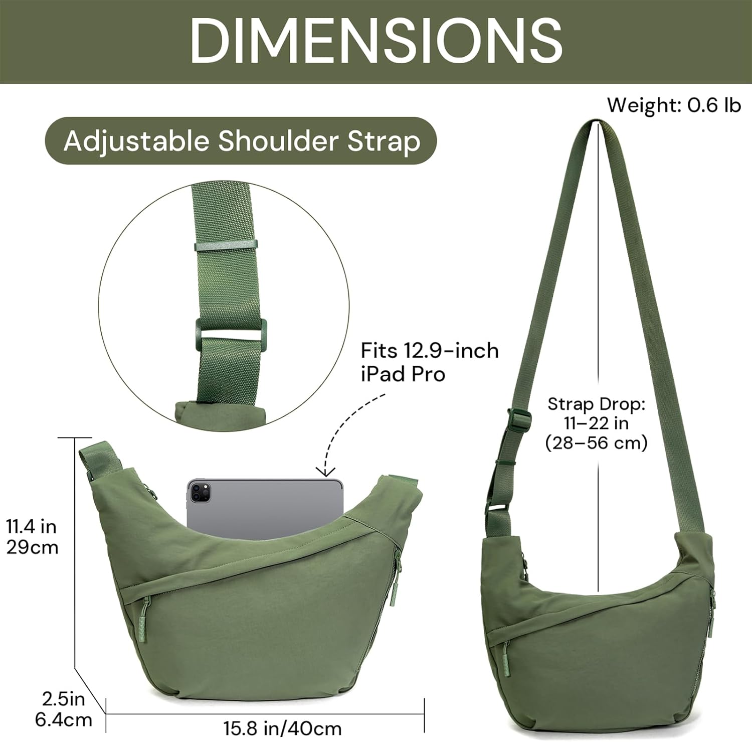 Medium Crescent Crossbody Bag for Women & Men, Lightweight Sling Bag with Adjustable Strap and 3 Zipper Pockets - Image 2