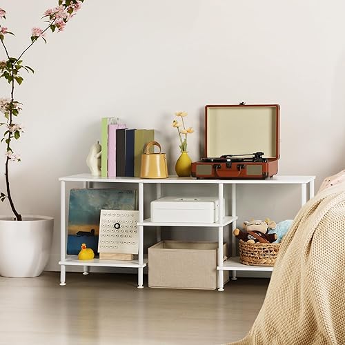 Miniatura 7 de Soporte de TV blanco para dormitorio con tomas de corriente, pequeño centro de entretenimiento con estantes de almacenamiento abiertos para