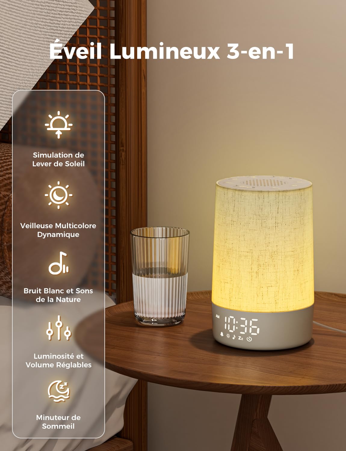 LIORQUE Reveil Simulateur d'Aube, Réveil Lumineux avec 30 Sons Apaisants, Bruit Blanc, 10 Niveaux de Luminosité, 8 Veilleuses et Minuteur de Sommeil - Design en Tissu, Idéal Adultes et Enfants