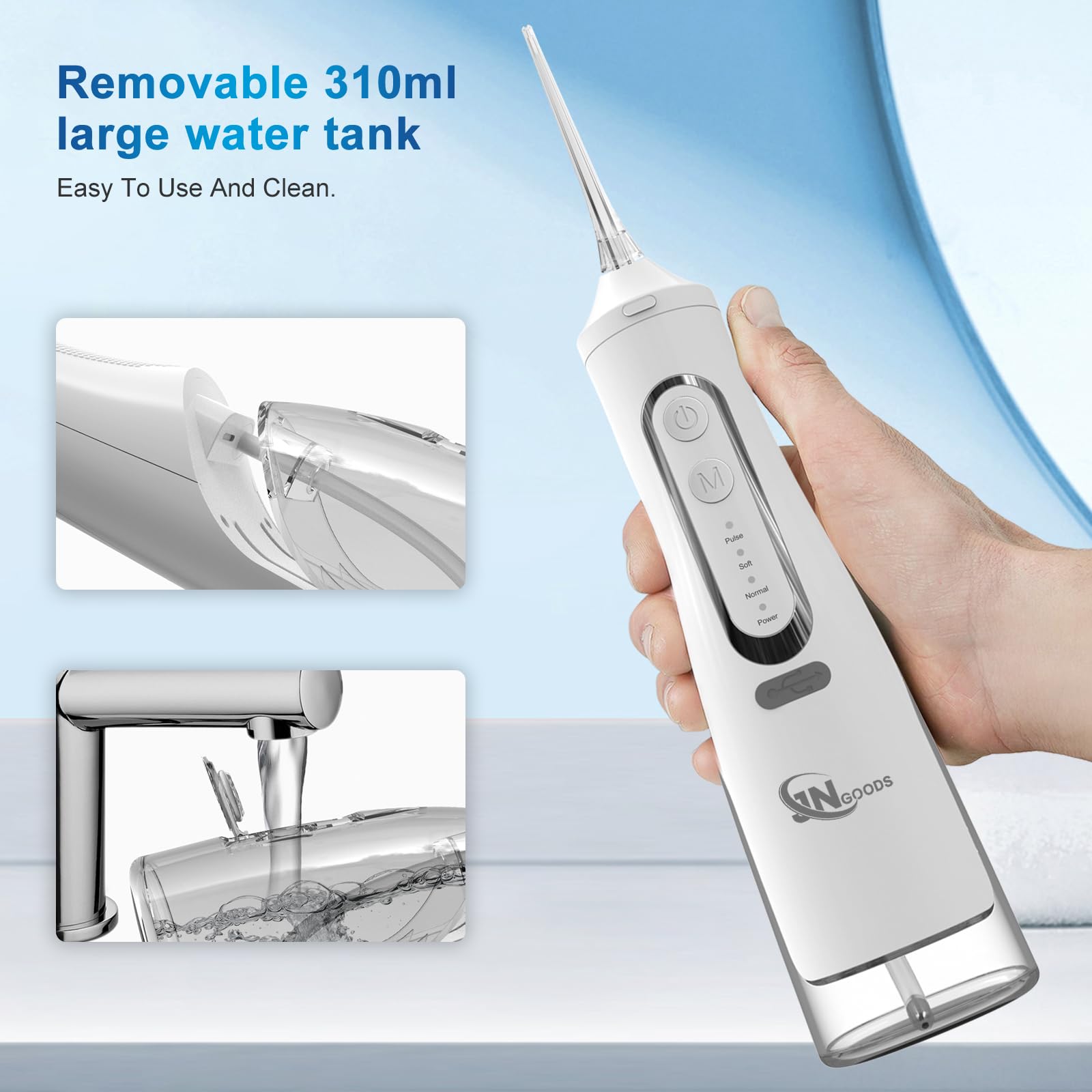 JNGOODS JNGOODS - Idropulsore dentale senza fili, ricaricabile, 310 ml, impermeabile IPX7, 4 modalità, con 4 punte per getto, uso in viaggio a casa (bianco)