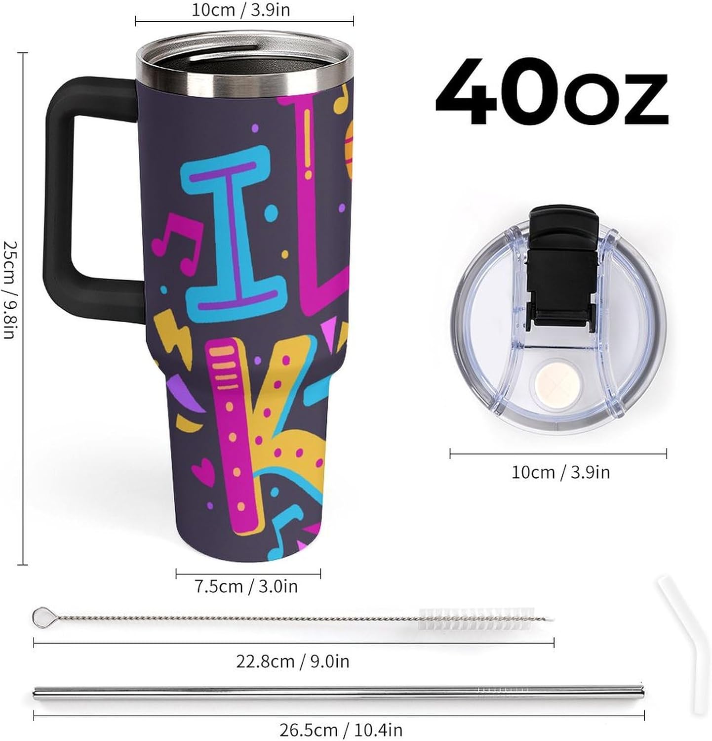 40 oz Insulated Tumbler with Handle and Lid & Straw Stainless Steel Vacuum Water Bottle Reusable Travel Mug for Men & Women Black Handle I love k-pop Pattern