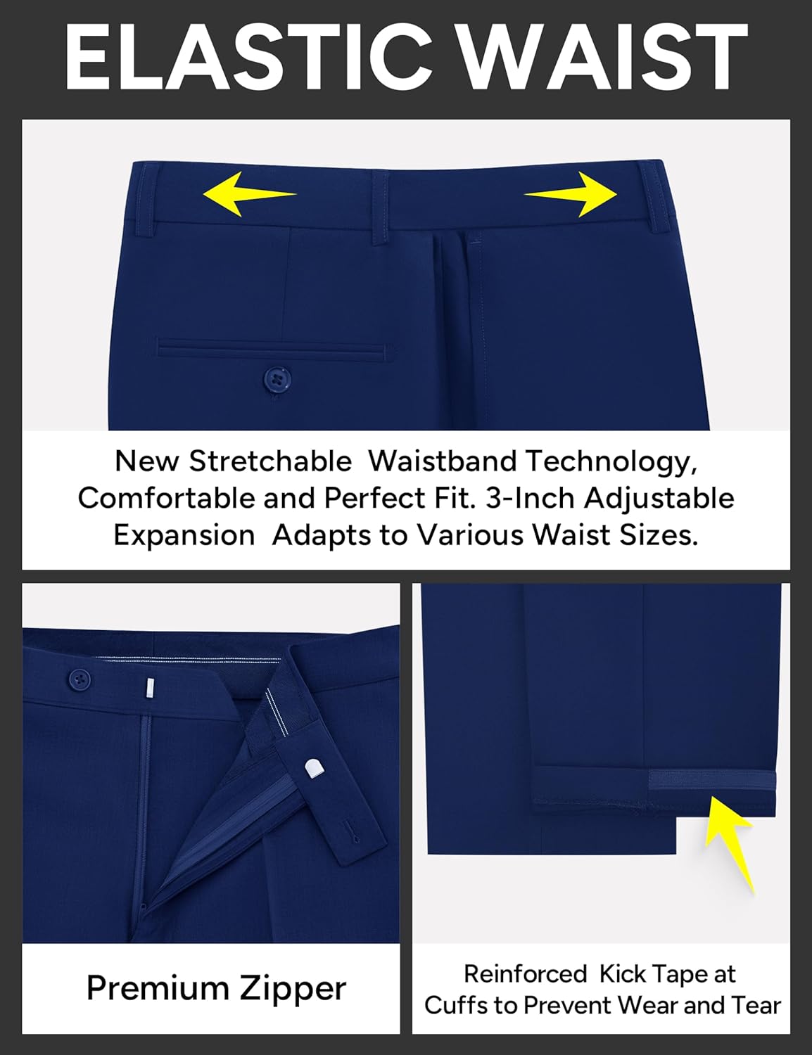 Mens Stretch Suit Slim Fit 3-Piece, 2 Buttons Jacket Vest Adjustable Waist Pants - Image 5