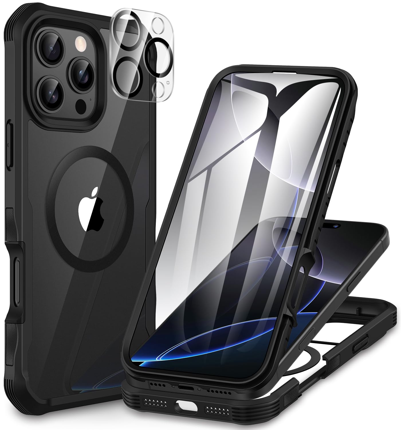 CENHUFO Magnetica Cover iPhone 16 Pro Max, [Compatibile con Magsafe] Integrata 9H HD Vetro Temperato Schermo e Protezione Fotocamera, Custodia Antiurto 360 Gradi Fronte Retro Doppia Faccia Case -Nero