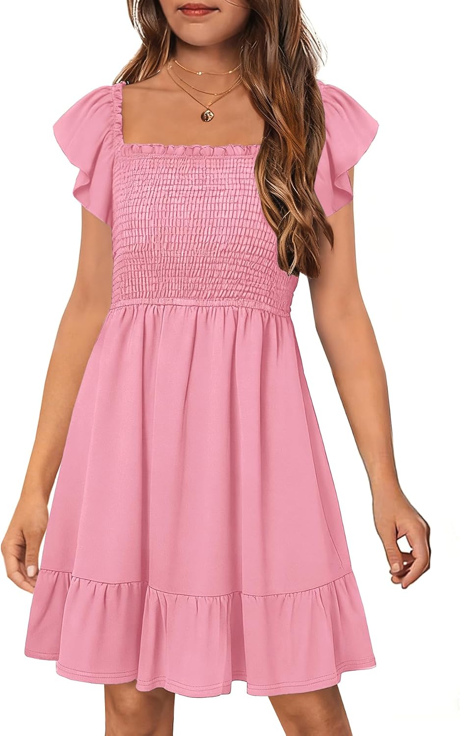 HOSIKA Girls Summer Cute Short Sleeve Smocked Boho Ruffle Tiered Dresses | 6-12Y, Casual, A-line, Square Neck, Ruffle Sleeve, Pockets, Elastic Waist