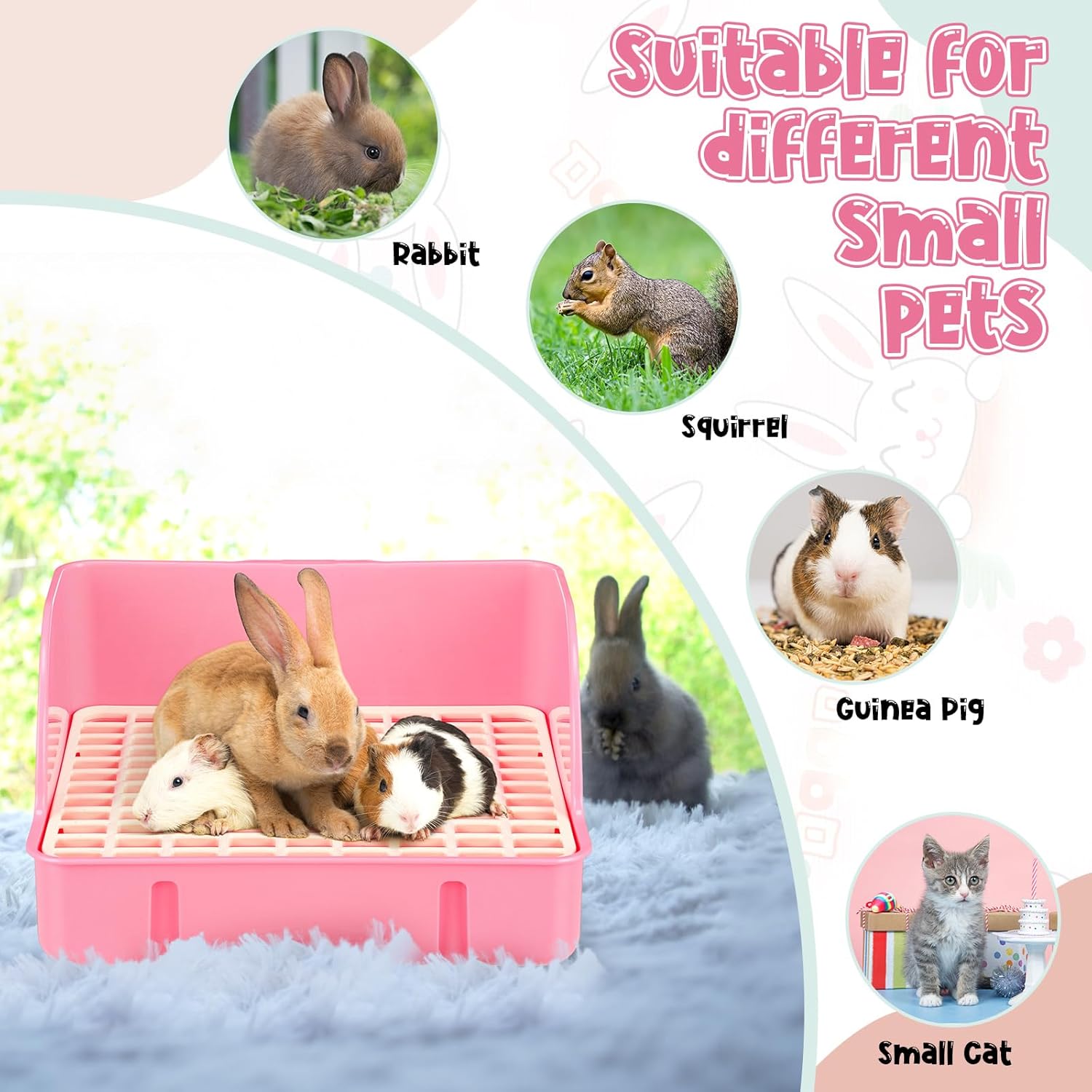 Honeydak 10 Pcs Rabbit Starter Kit Small Litter Box Bunny Grooming Kit Scratch Pads Hay Feeder Bowl Ice Pad with Bunny Toys for Guinea Pig Rabbit Accessories(Pink)